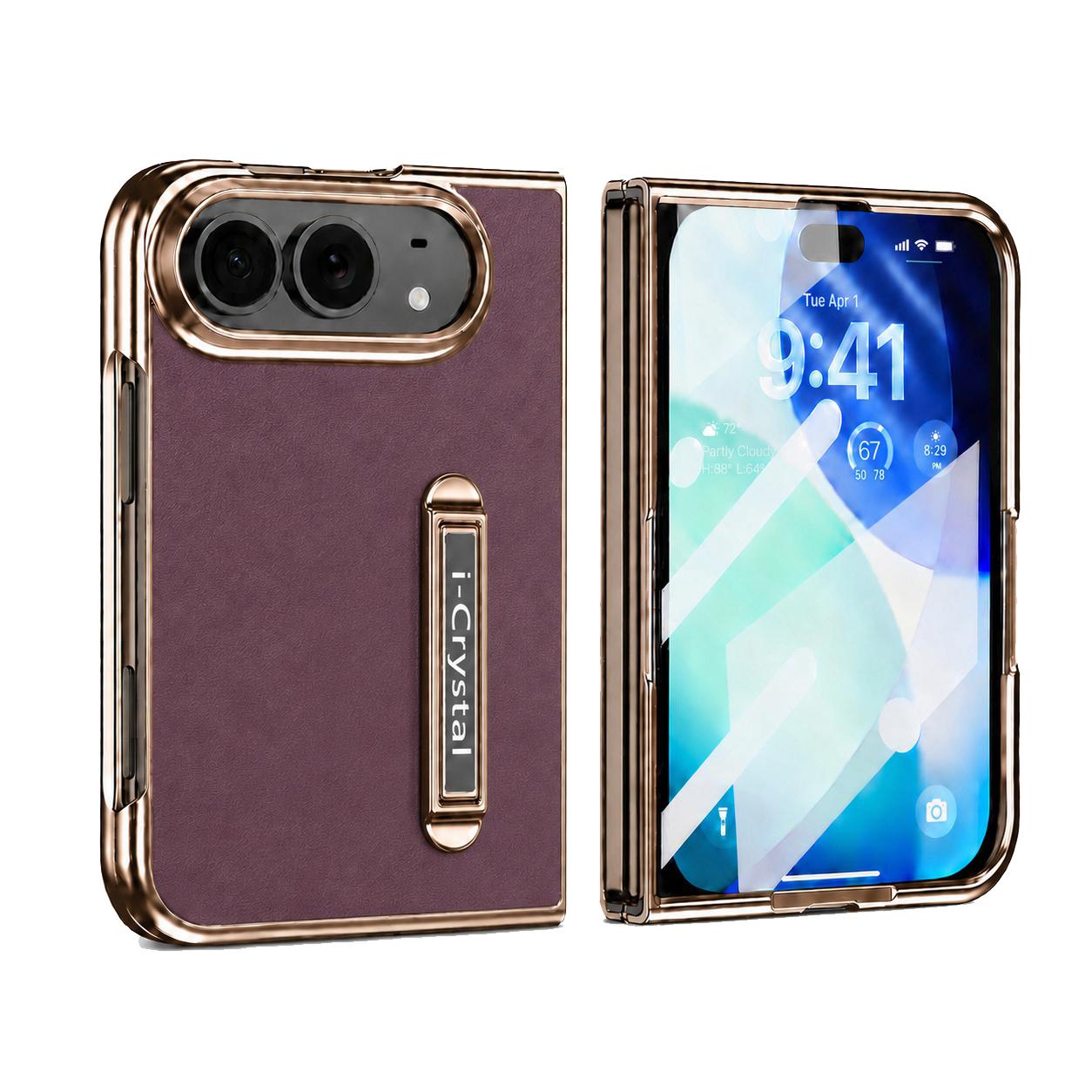 Compatible with iPhone Duo i.Crystal Electroplated Vegan Leather Hidden Kickstand Integrated Film Phone Case - Red