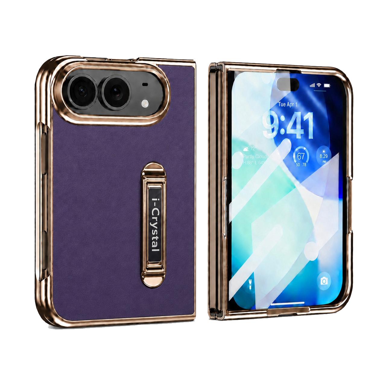 Compatible with iPhone Duo i.Crystal Electroplated Vegan Leather Hidden Kickstand Integrated Film Phone Case - Purple