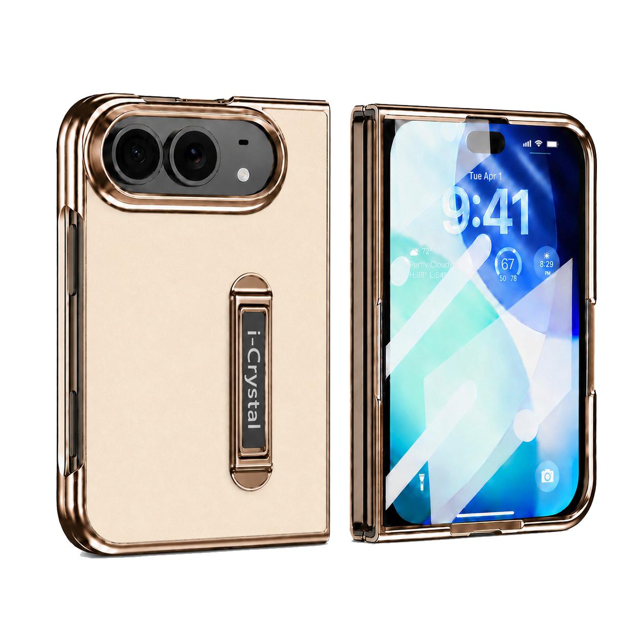 Compatible with iPhone Duo i.Crystal Electroplated Vegan Leather Hidden Kickstand Integrated Film Phone Case - White
