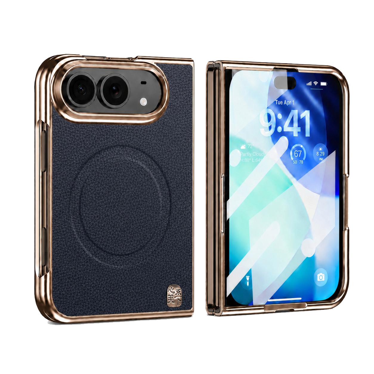 Compatible with iPhone Duo Litchi-Grain Magnetic Integrated Screen Protector Phone Case - Black
