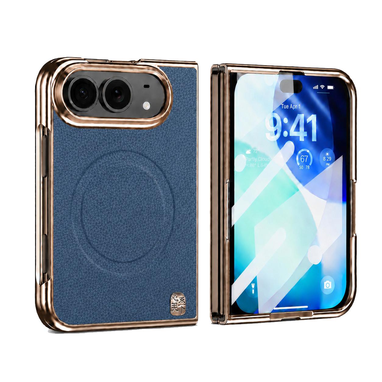 Compatible with iPhone Duo Litchi-Grain Magnetic Integrated Screen Protector Phone Case - Blue