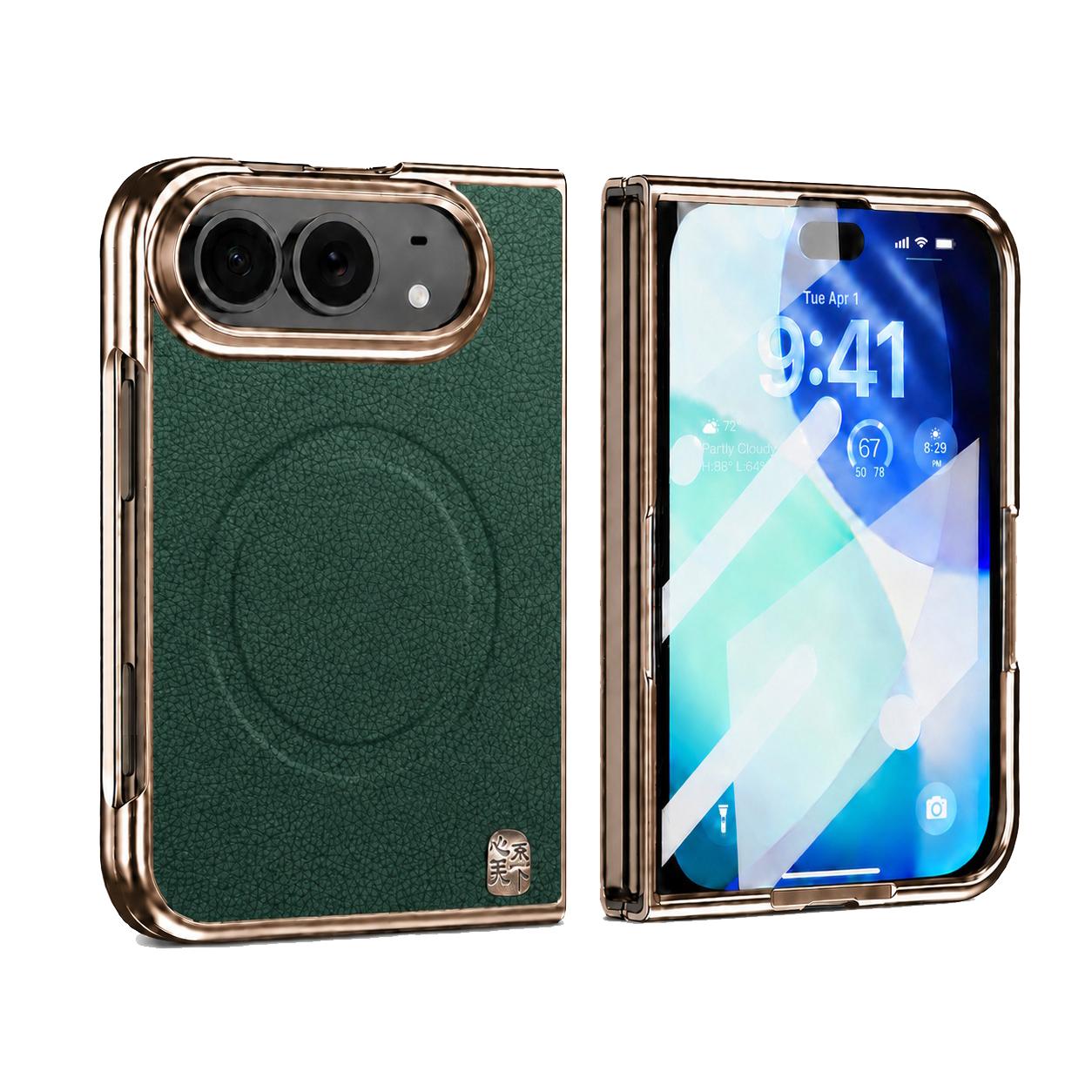 Compatible with iPhone Duo Litchi-Grain Magnetic Integrated Screen Protector Phone Case - Green