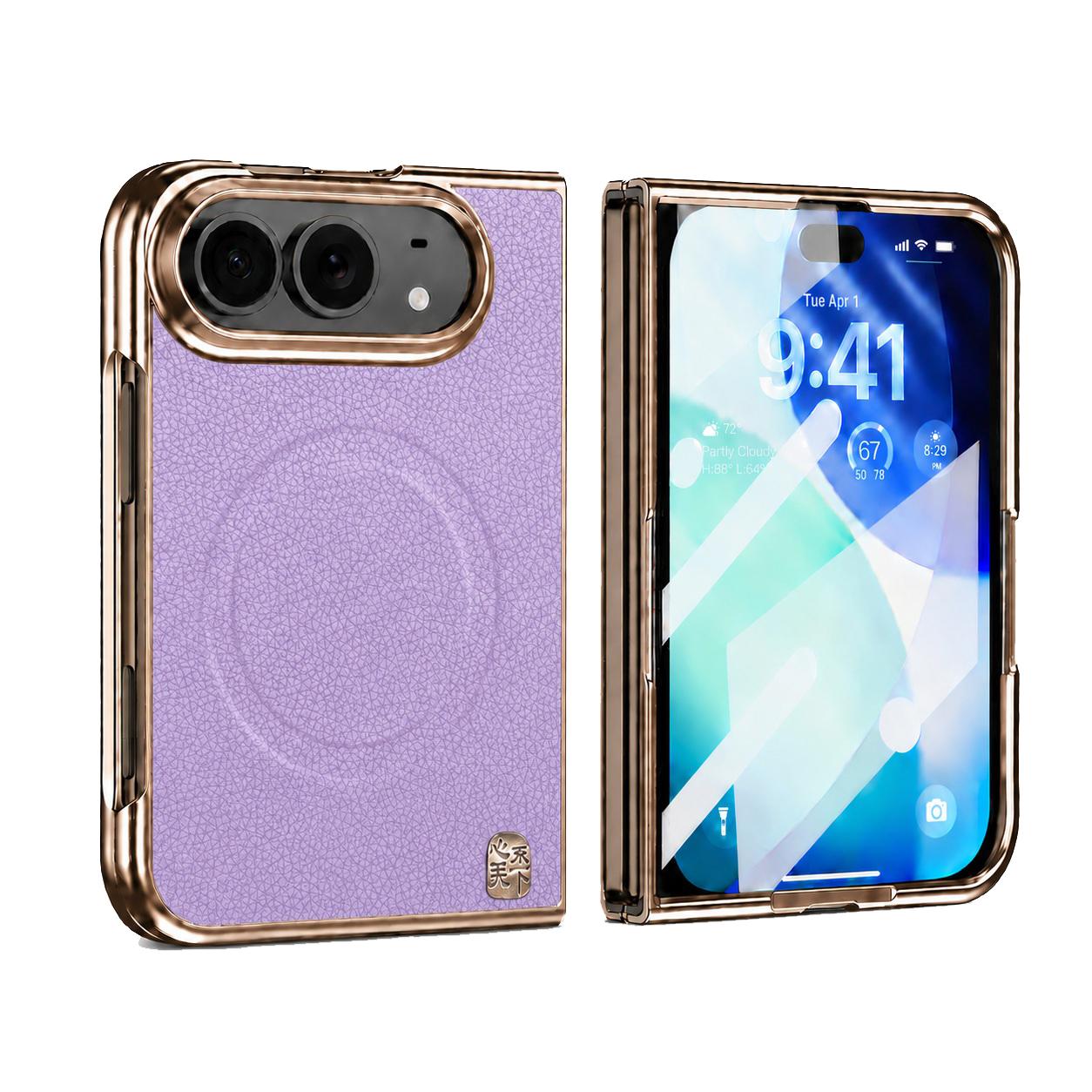 Compatible with iPhone Duo Litchi-Grain Magnetic Integrated Screen Protector Phone Case - Purple