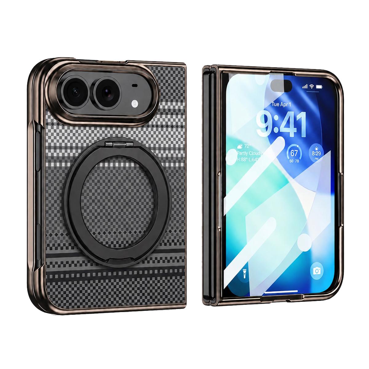 Compatible with iPhone Duo Kevlar Weave Texture 360 Kickstand Integrated Film Phone Case - Black