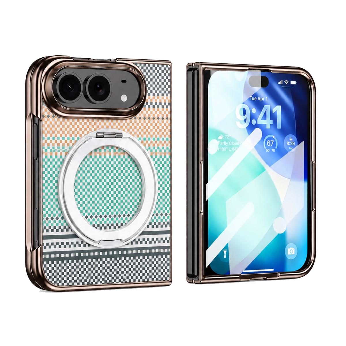Compatible with iPhone Duo Kevlar Weave Texture 360 Kickstand Integrated Film Phone Case - White