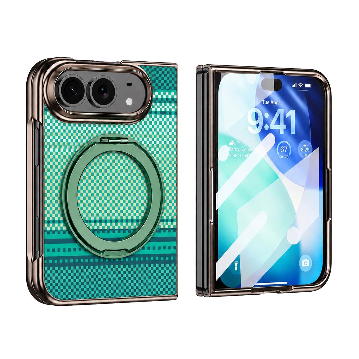 Compatible with iPhone Duo Kevlar Weave Texture 360 Kickstand Integrated Film Phone Case - Green