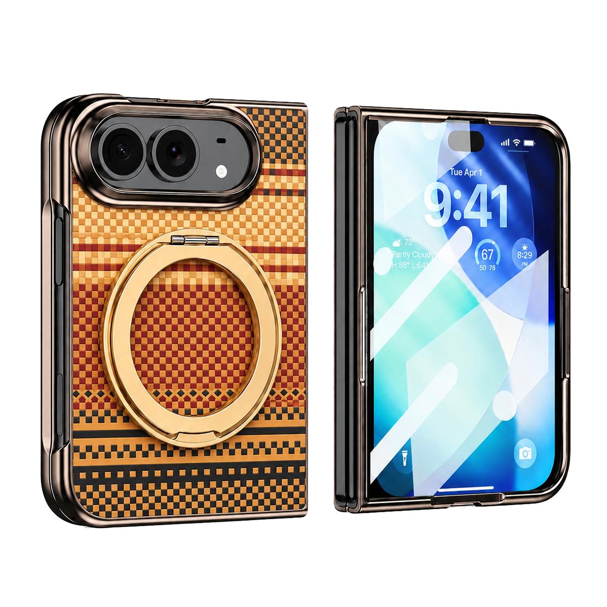 Compatible with iPhone Duo Kevlar Weave Texture 360 Kickstand Integrated Film Phone Case - Gold