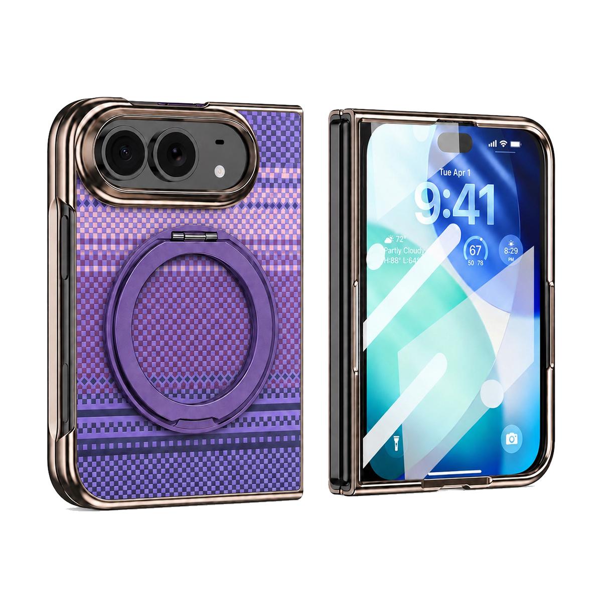 Compatible with iPhone Duo Kevlar Weave Texture 360 Kickstand Integrated Film Phone Case - Purple