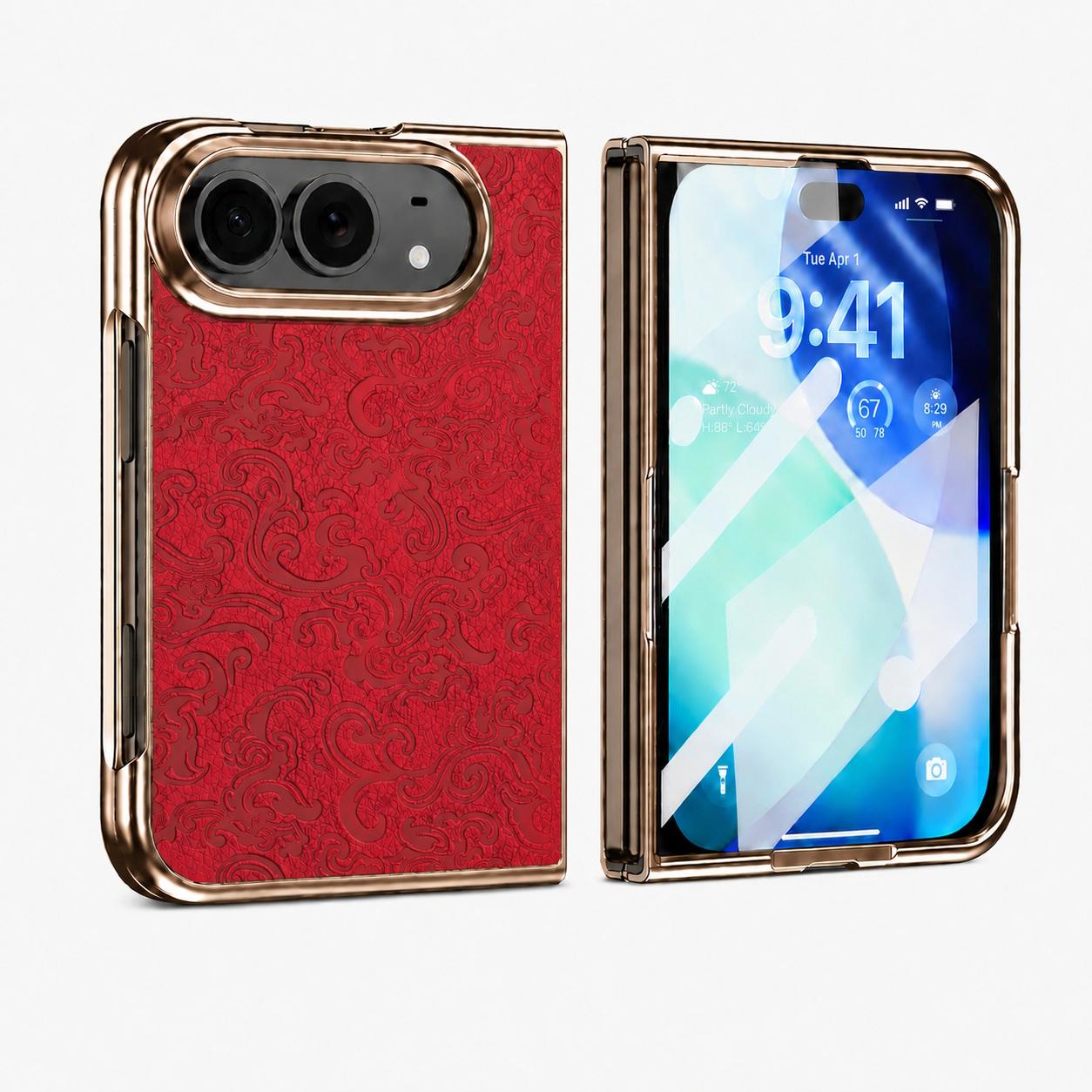 Compatible with iPhone Duo Electroplated 3D Embossed Magnetic Integrated Film Phone Case - Red