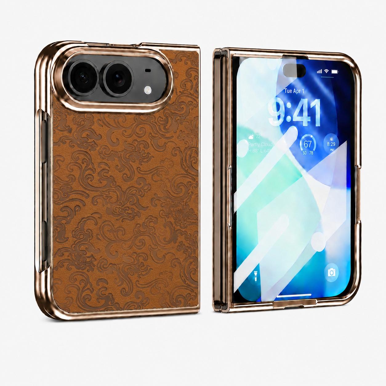 Compatible with iPhone Duo Electroplated 3D Embossed Magnetic Integrated Film Phone Case - Brown