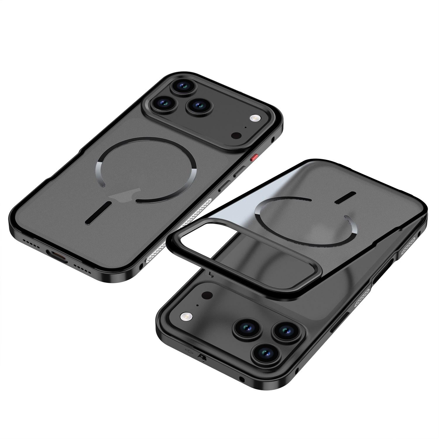 Compatible with iPhone 18 Pro Single-sided Snap Buckle Metal Frame Frosted MagSafe Phone Case - Black