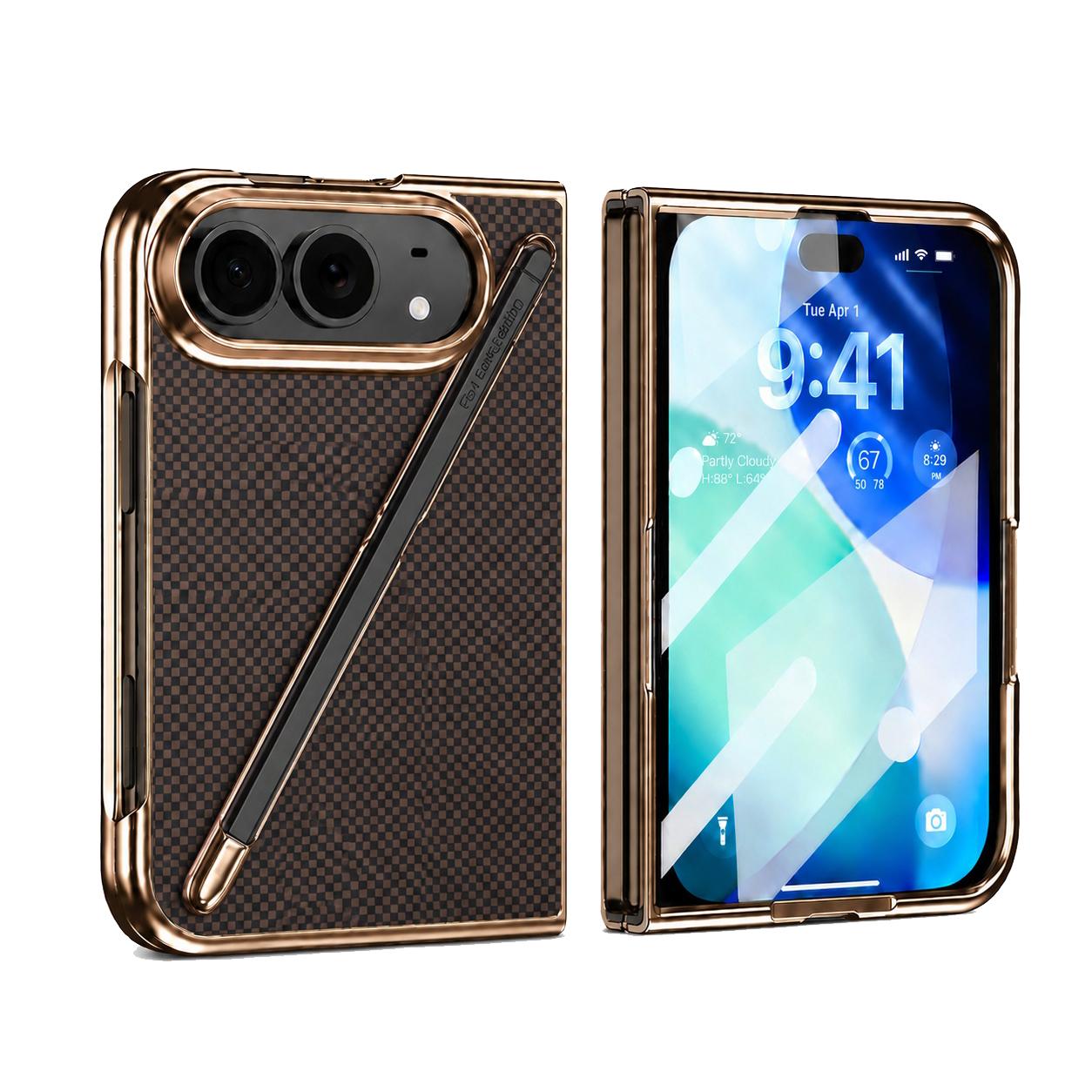 Compatible with iPhone Duo Kevlar Texture Built-in Stylus Integrated Film Phone Case - Brown