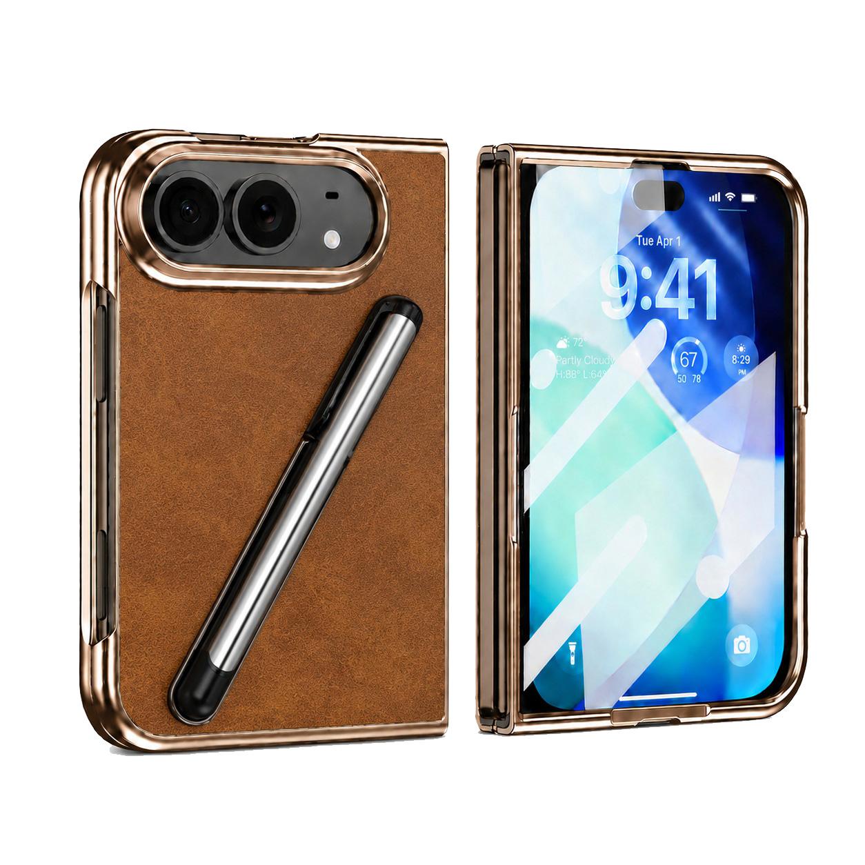 Compatible with iPhone Duo Electroplated Stylus Pen Holder Integrated Film Phone Case - Brown
