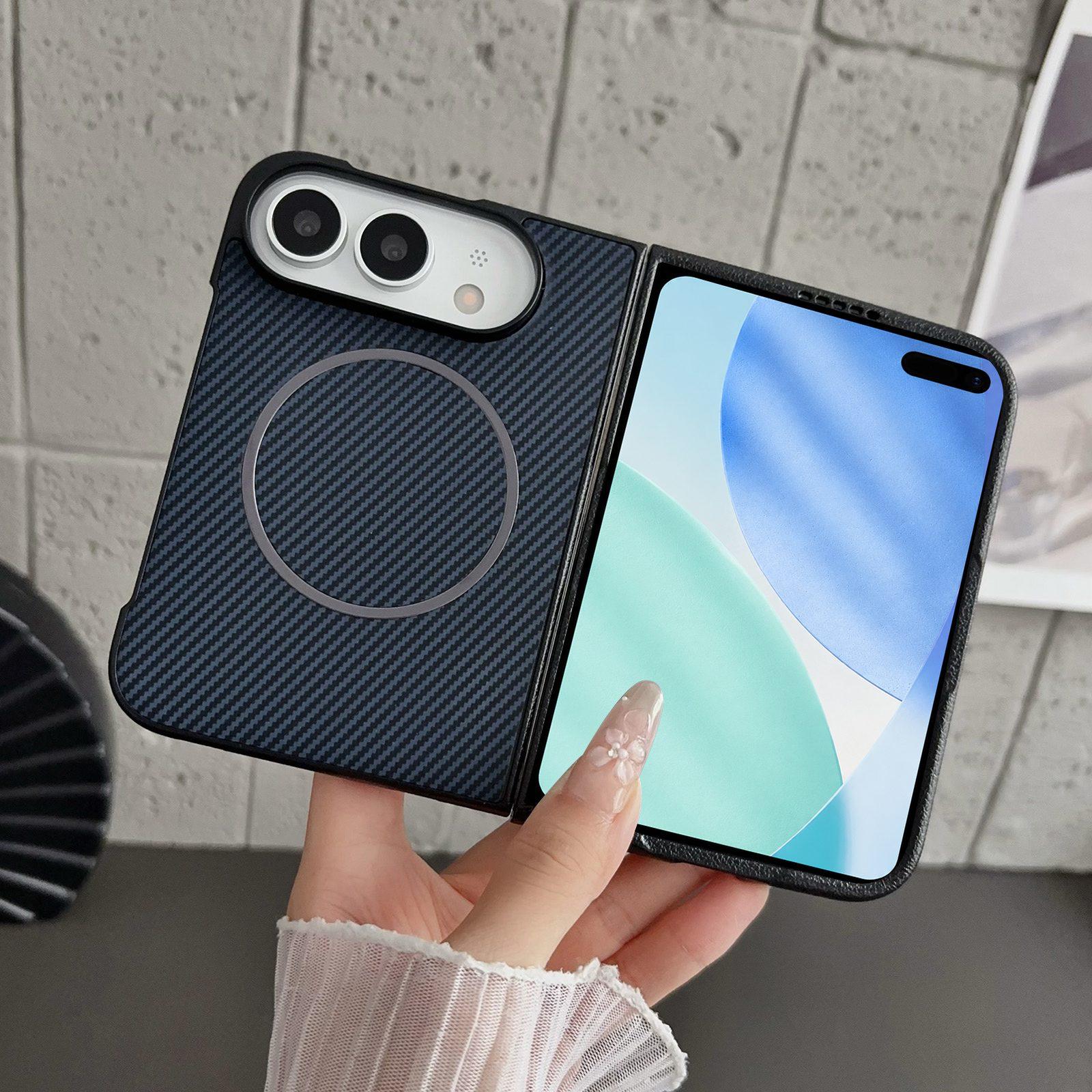 Compatible with iPhone Duo Fiber Texture Fine Circle Magnetic Phone Case - Dark Blue