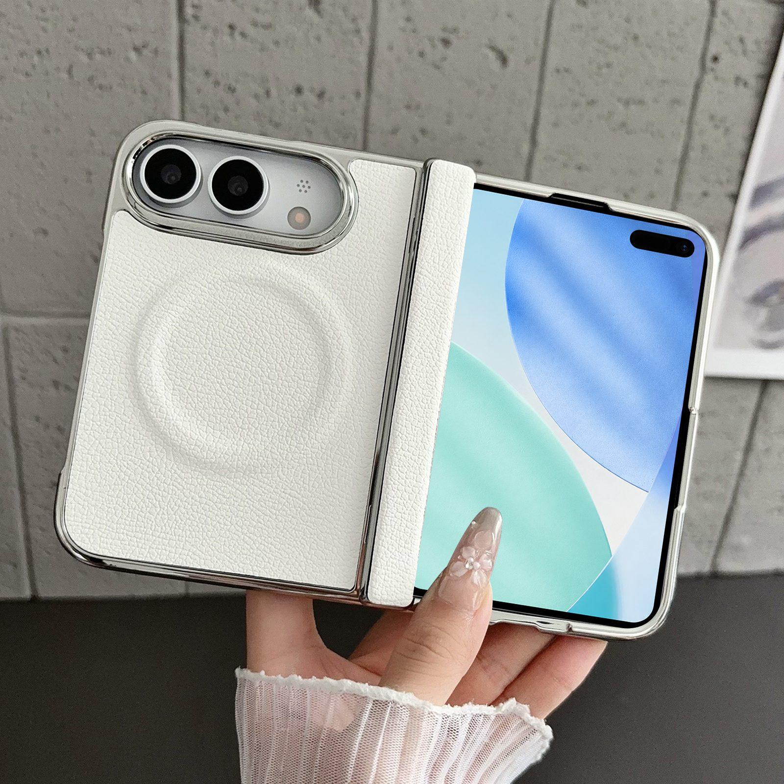 Compatible with iPhone Duo Rebound Hinge Electroplated Faux-Leather Magnetic Phone Case - White