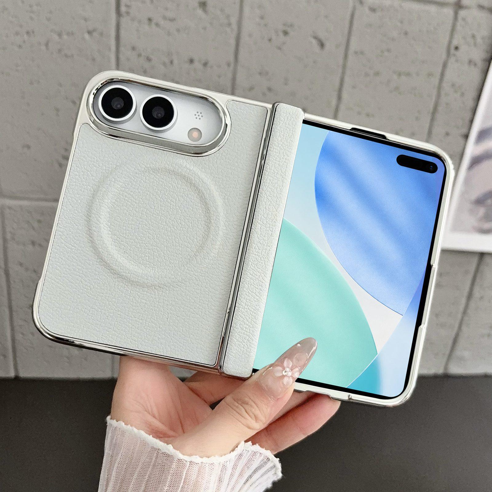 Compatible with iPhone Duo Rebound Hinge Electroplated Faux-Leather Magnetic Phone Case - Grey