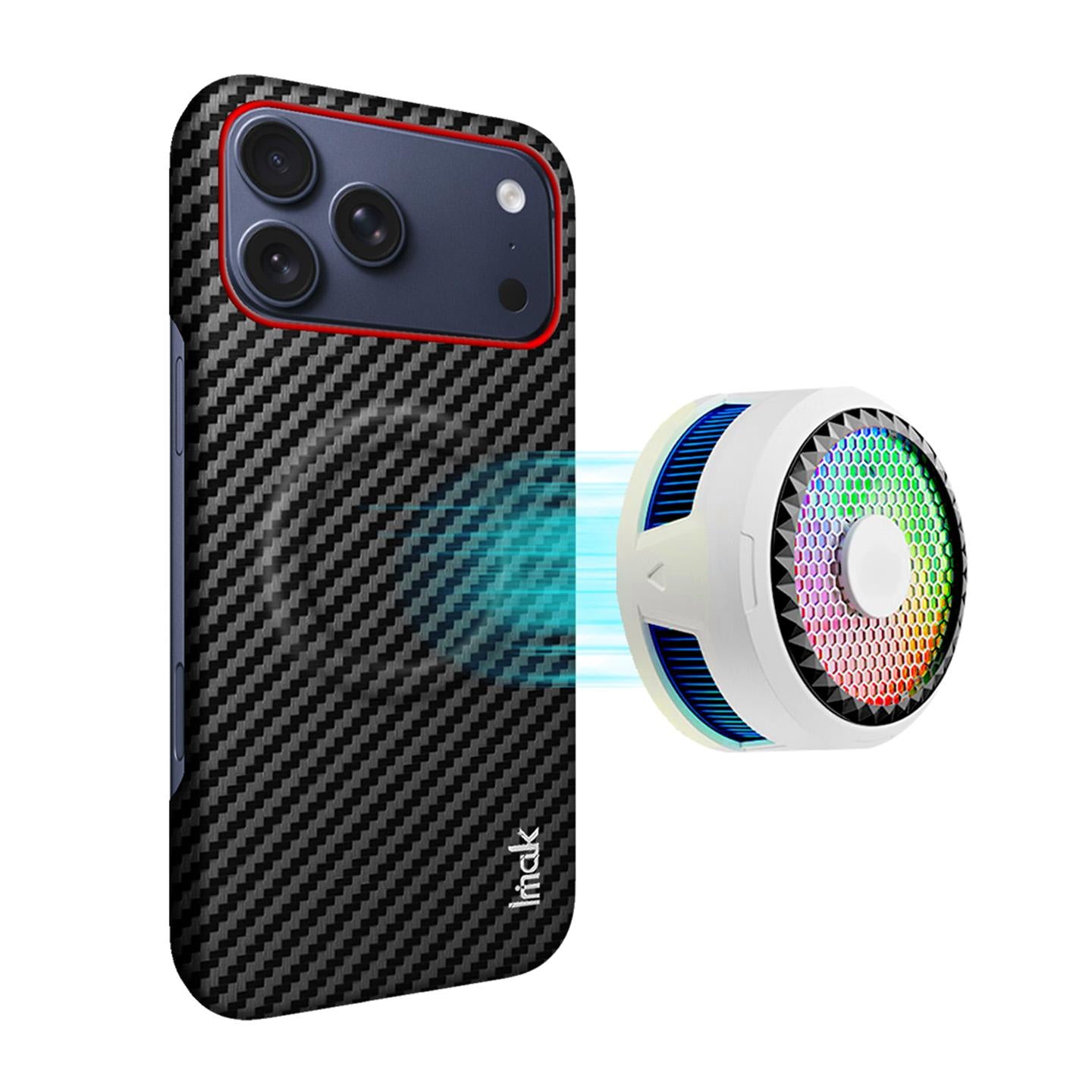Compatible with iPhone 18 Pro imak Ruiyi Series Red Ring Carbon Fiber Texture Magnetic Phone Case - Black