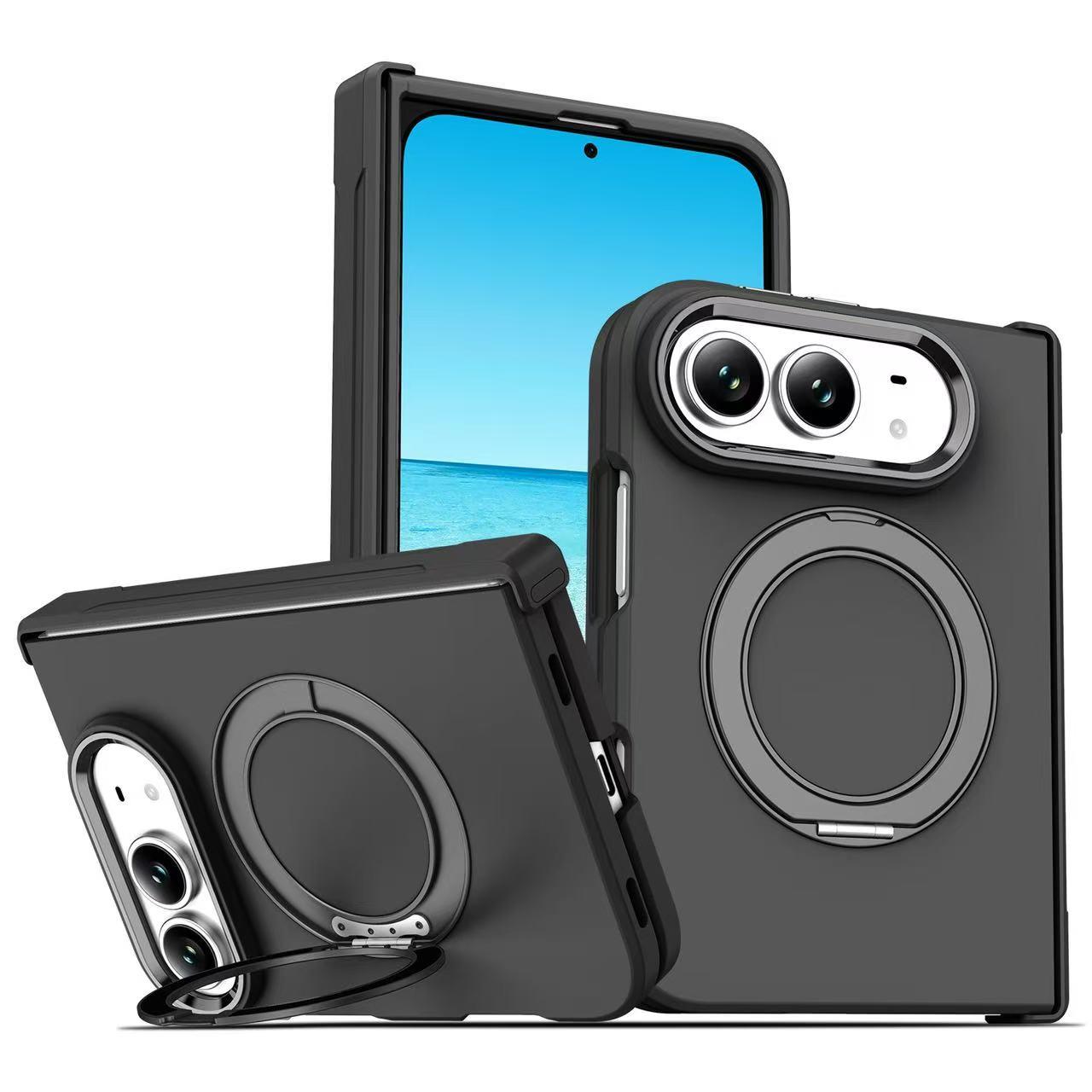 Compatible with iPhone Duo Armor-style Hinge Protection Magnetic Ring Holder Phone Case - Black