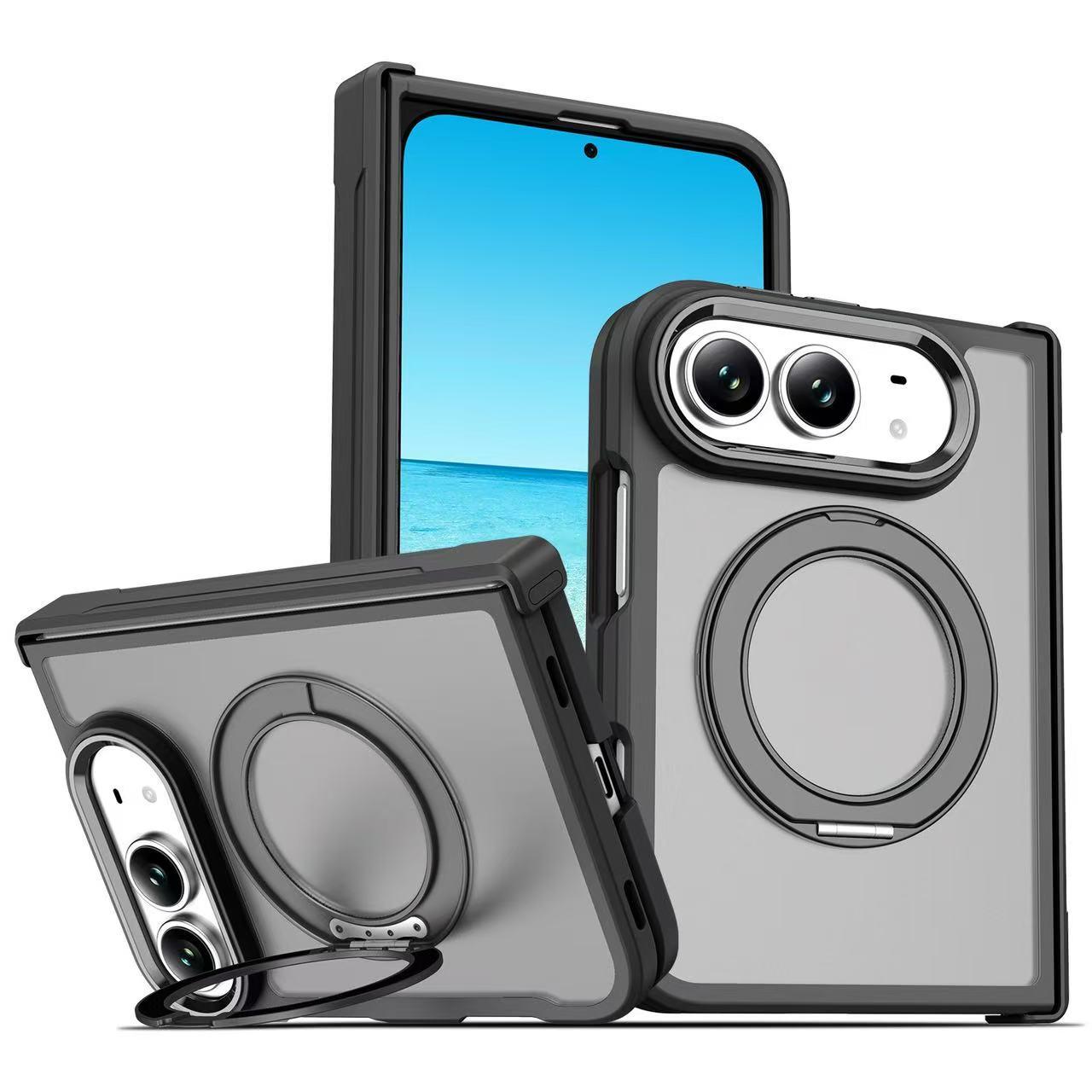 Compatible with iPhone Duo Armor-style Hinge Protection Magnetic Ring Holder Phone Case - Transparent Black