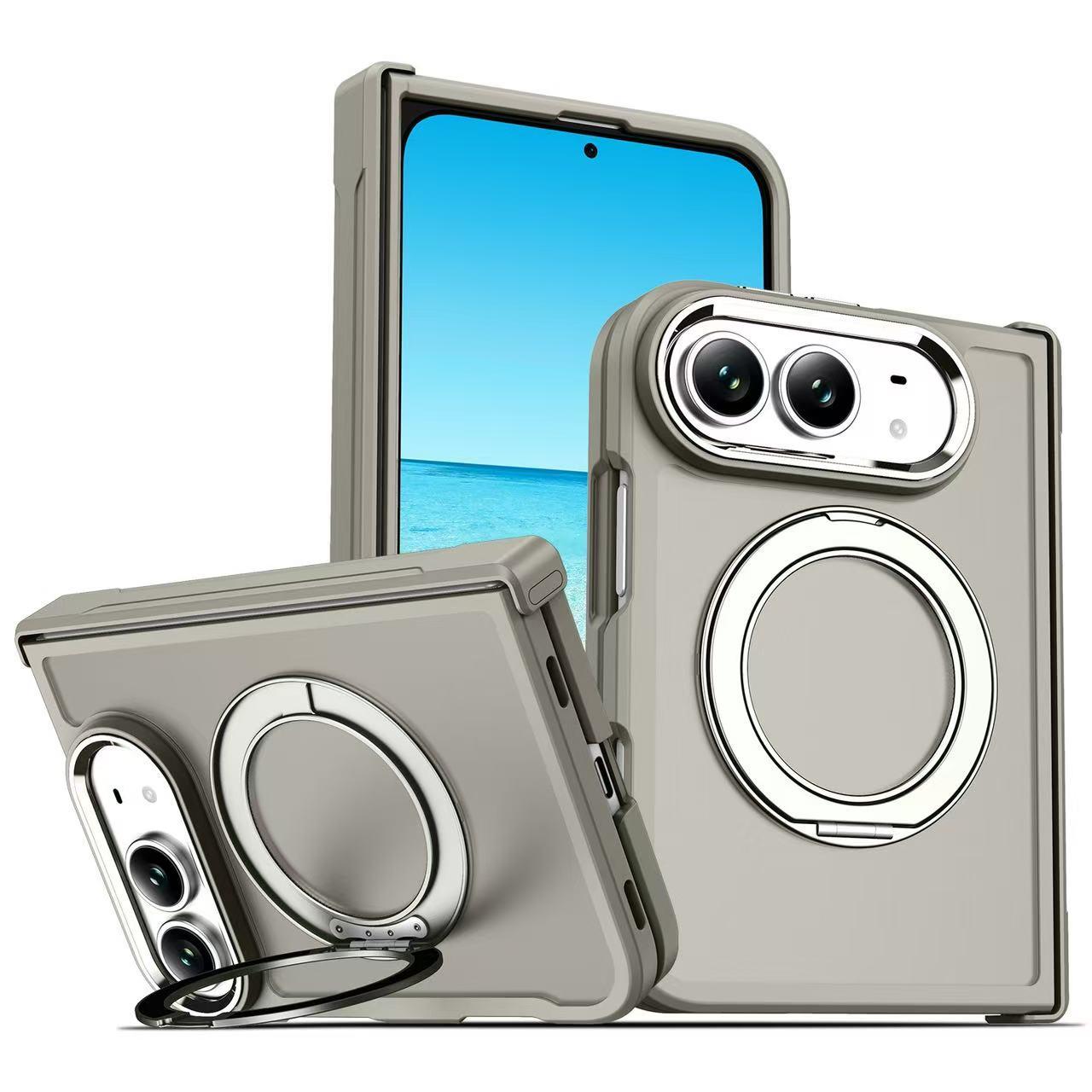 Compatible with iPhone Duo Armor-style Hinge Protection Magnetic Ring Holder Phone Case - Grey