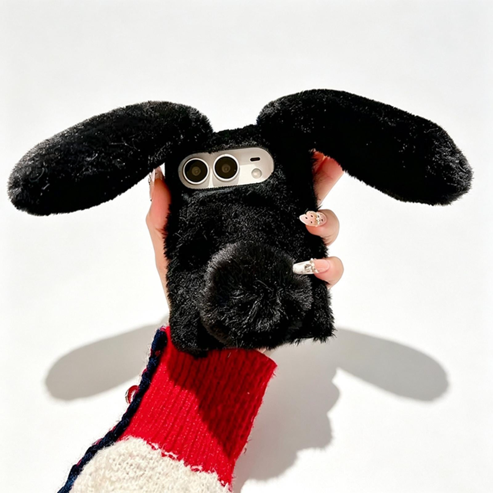 Compatible with iPhone Duo Foldable Plush Rabbit TPU Phone Case - Black