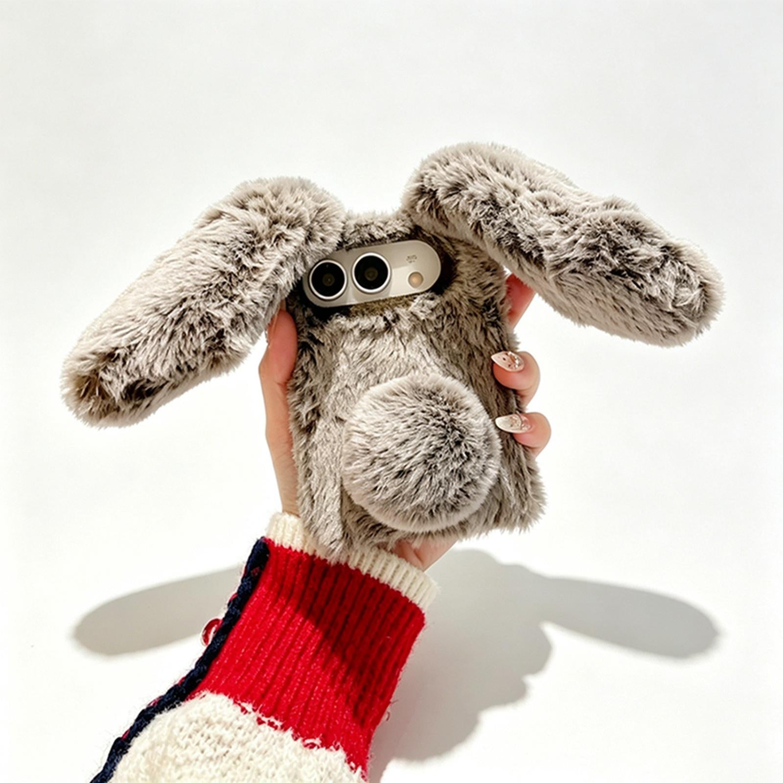 Compatible with iPhone Duo Foldable Plush Rabbit TPU Phone Case - Coffee Grey