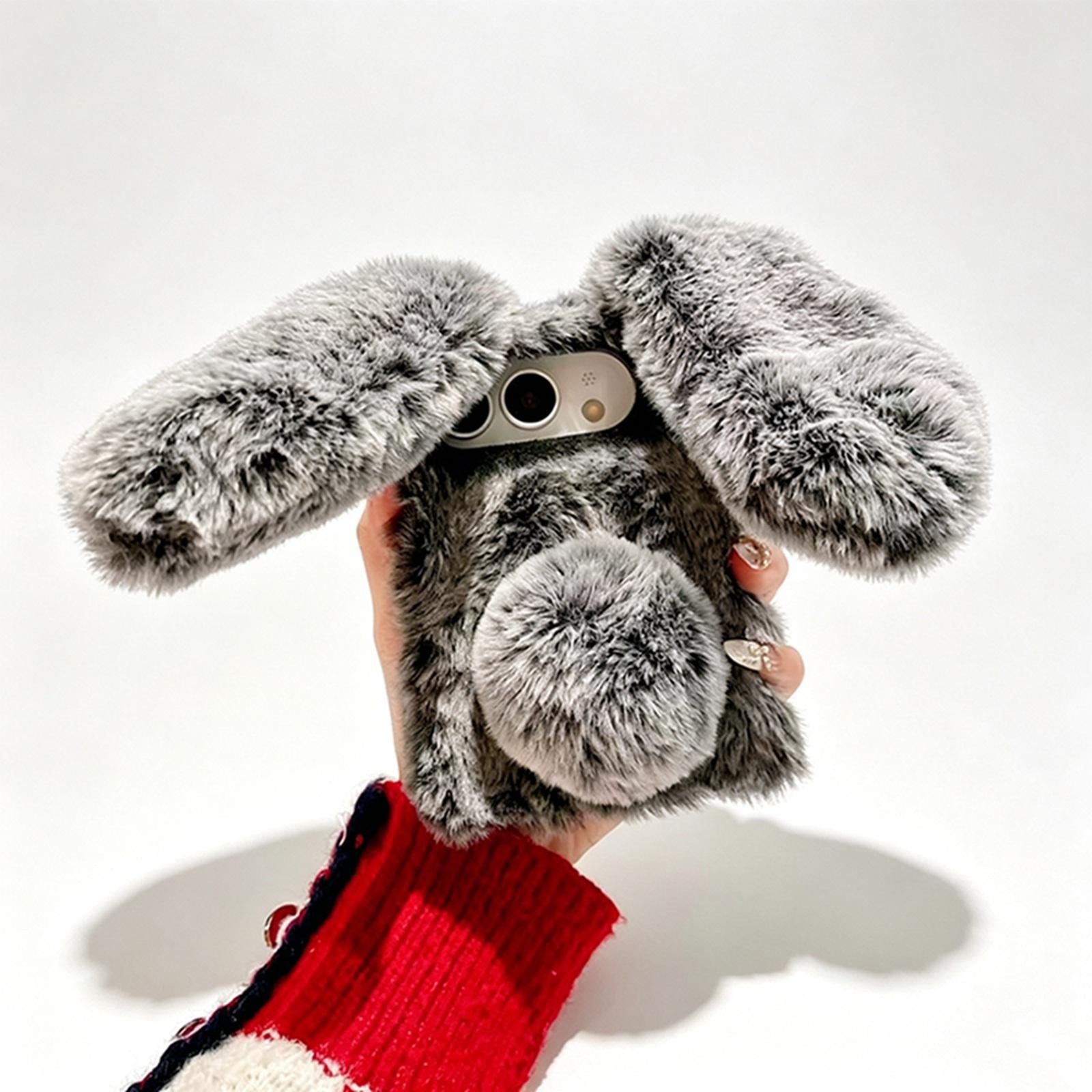 Compatible with iPhone Duo Foldable Plush Rabbit TPU Phone Case - Dark Grey