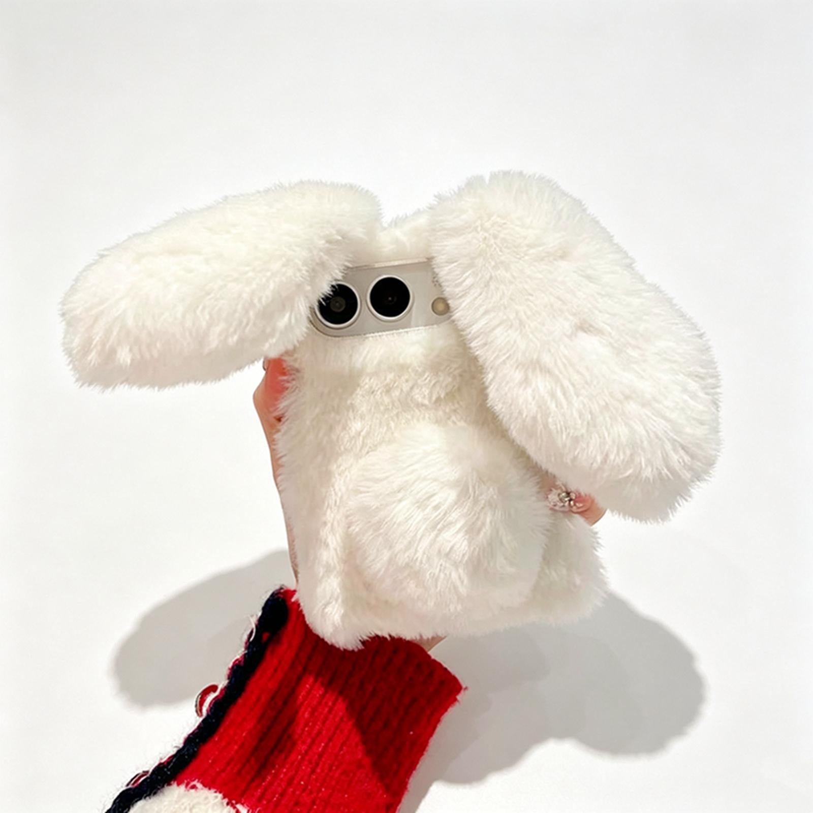 Compatible with iPhone Duo Foldable Plush Rabbit TPU Phone Case - White