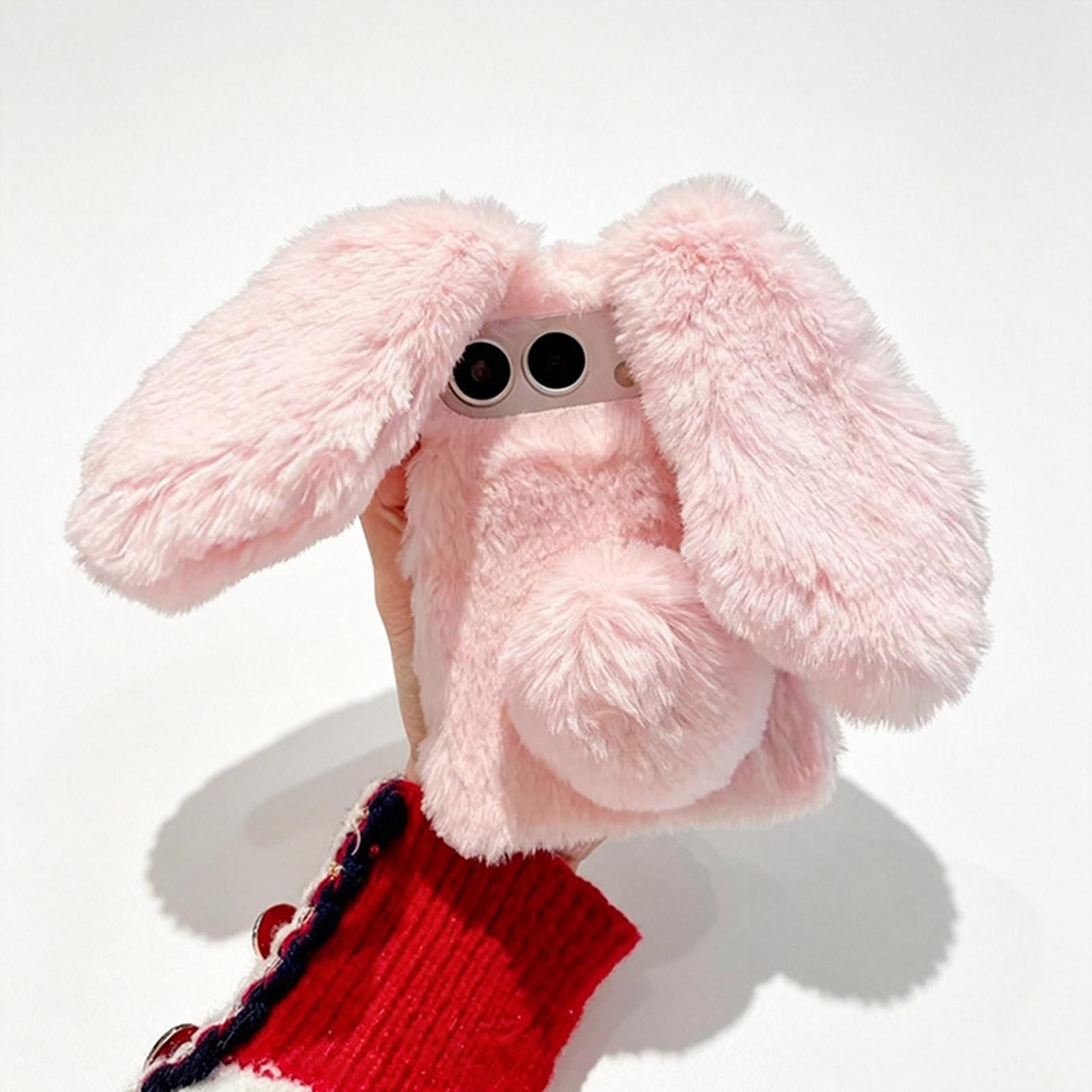 Compatible with iPhone Duo Foldable Plush Rabbit TPU Phone Case - Pink
