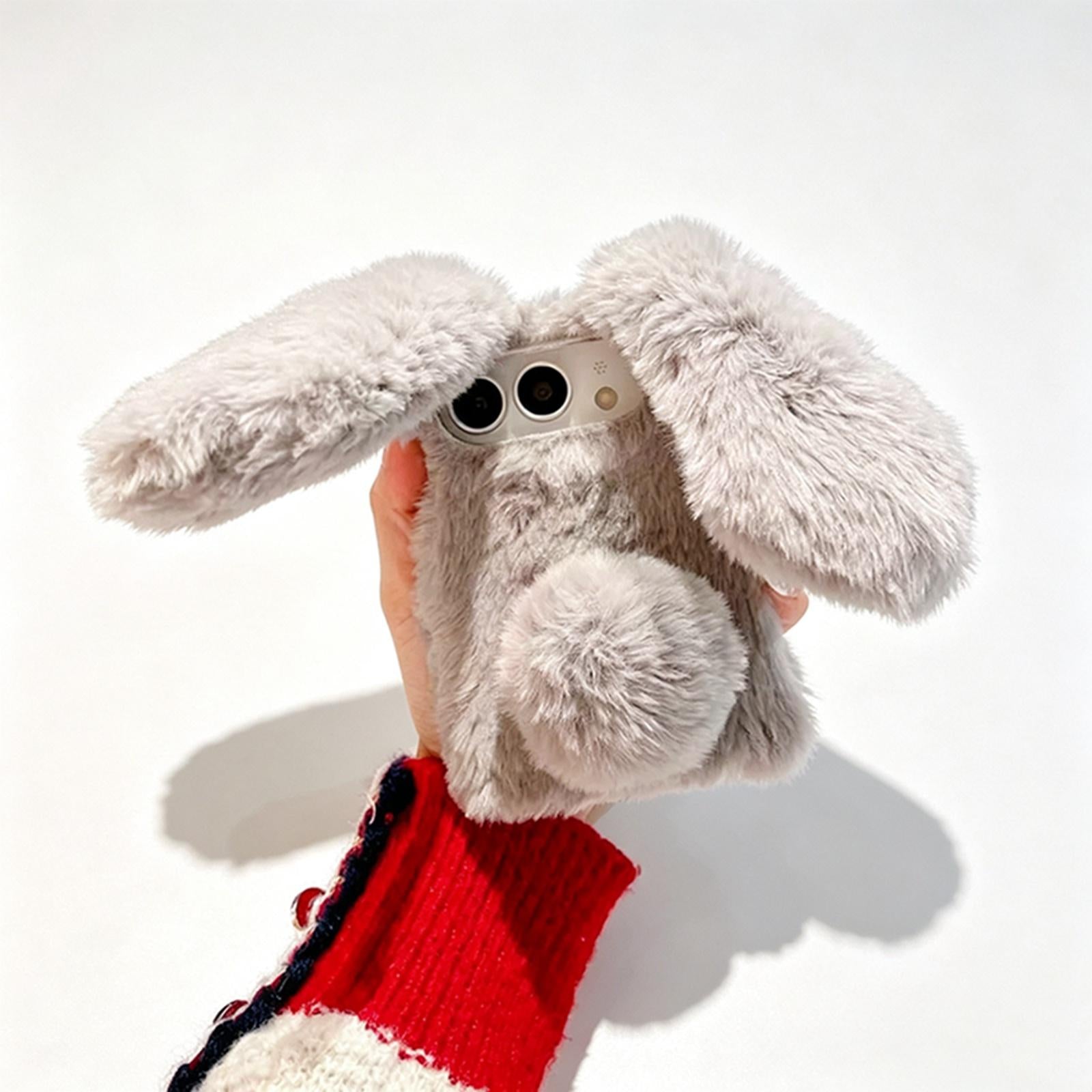 Compatible with iPhone Duo Foldable Plush Rabbit TPU Phone Case - Light Grey