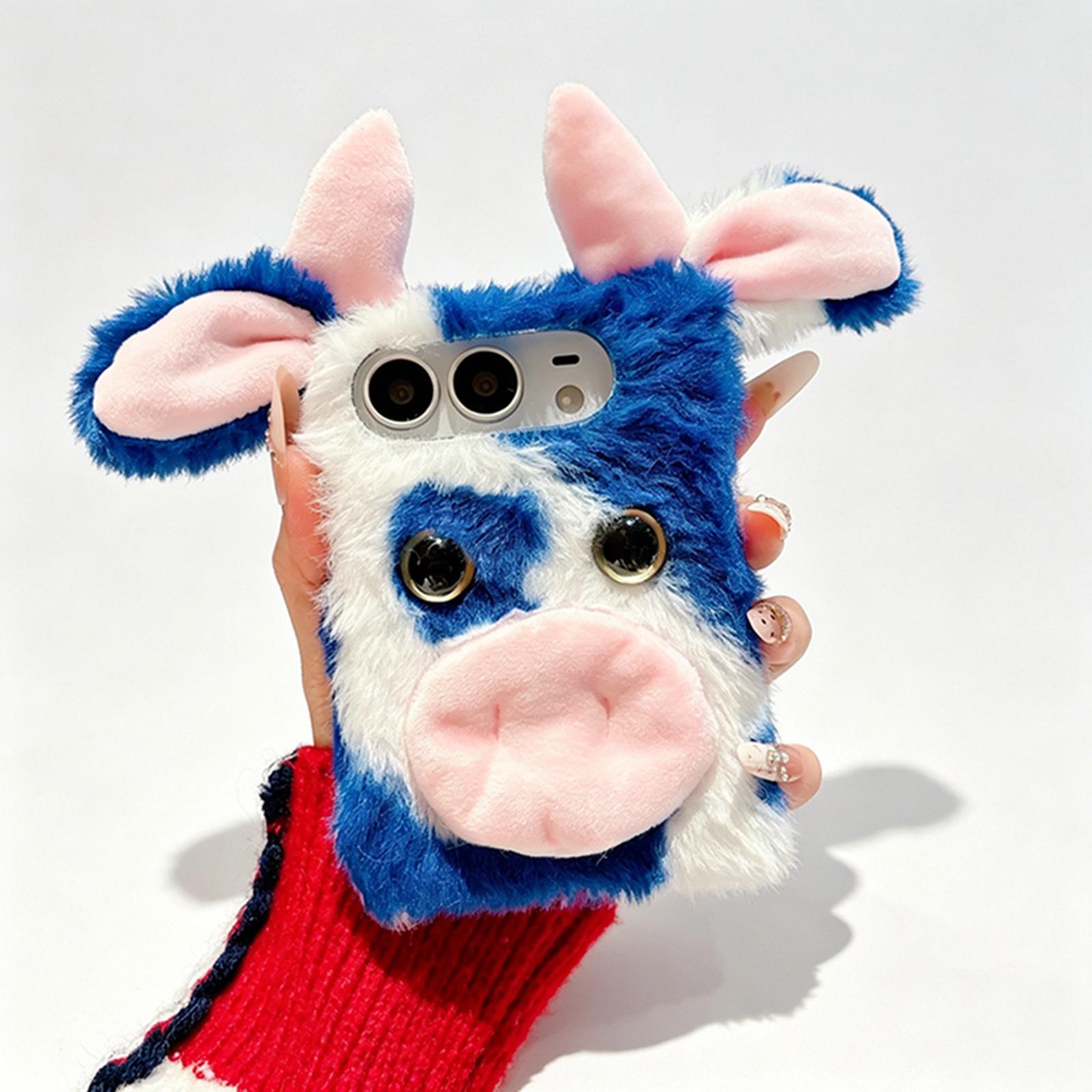 Compatible with iPhone Duo Foldable Plush Dairy Cow TPU Phone Case - Blue Cow