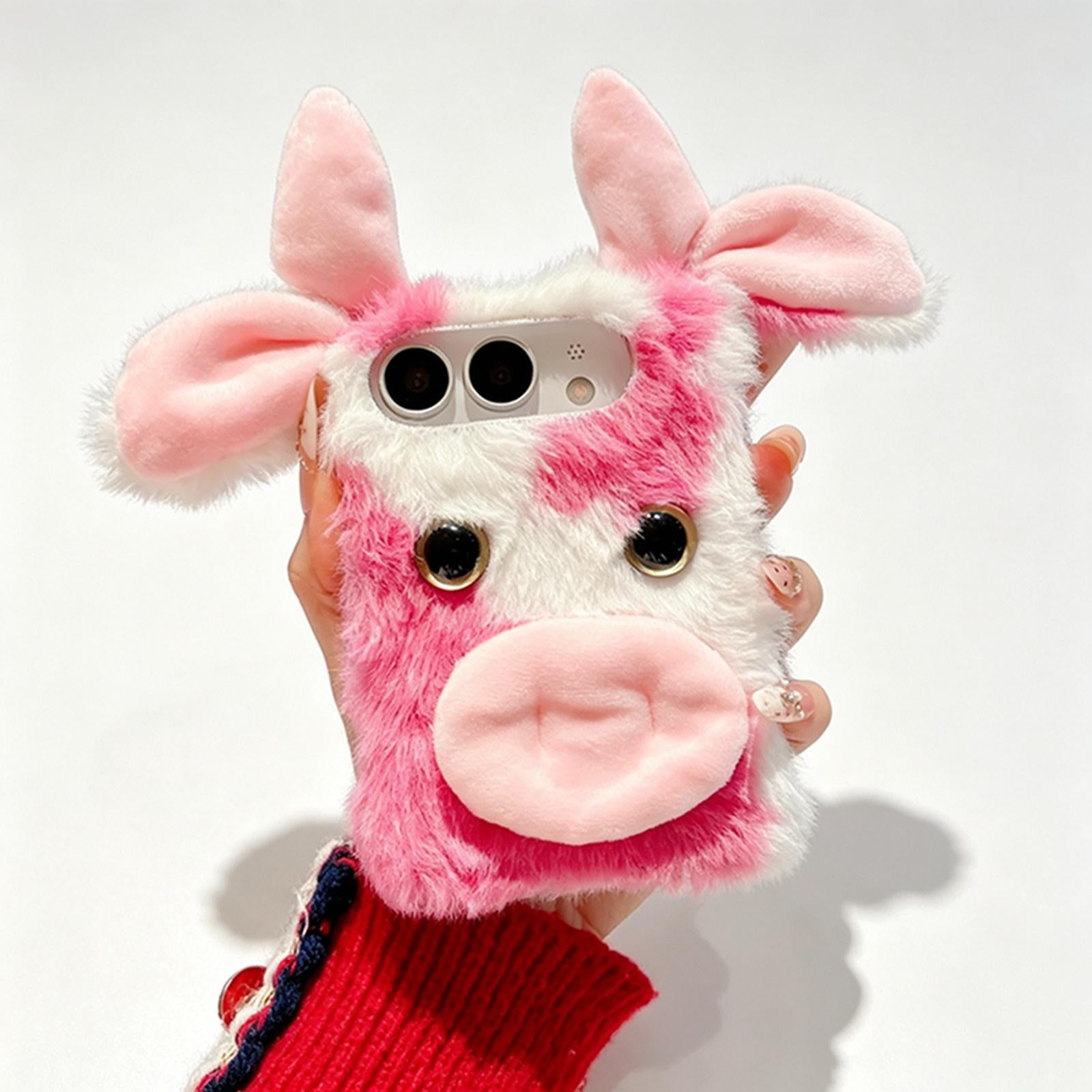 Compatible with iPhone Duo Foldable Plush Dairy Cow TPU Phone Case - Pink Cow
