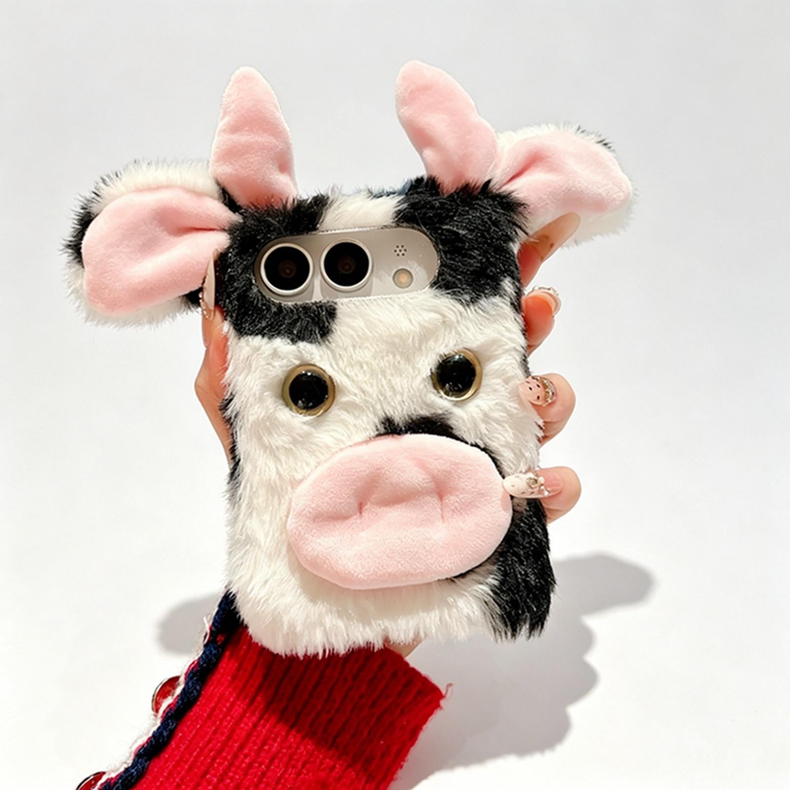 Compatible with iPhone Duo Foldable Plush Dairy Cow TPU Phone Case - Black Cow