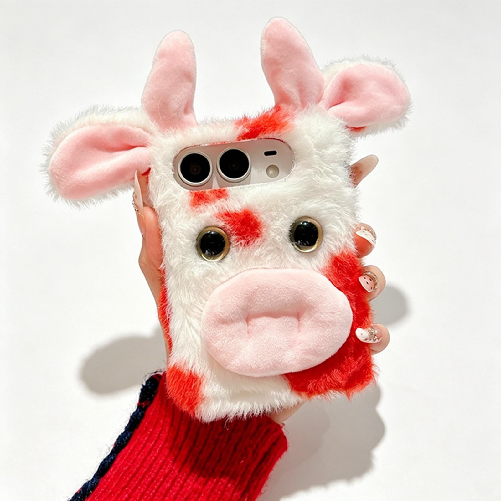 Compatible with iPhone Duo Foldable Plush Dairy Cow TPU Phone Case - Red Cow