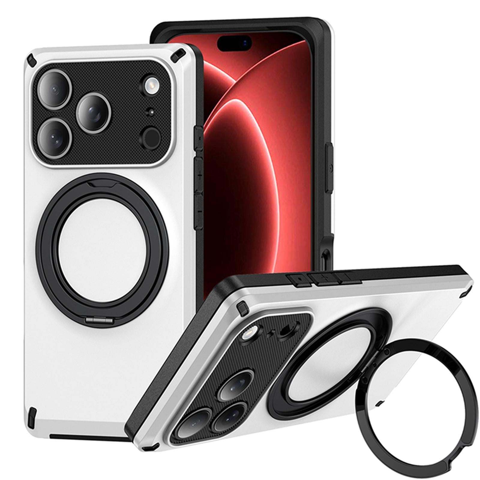 Compatible with iPhone 18 Pro Magnetic 360 Degree Ring Holder Phone Case - White