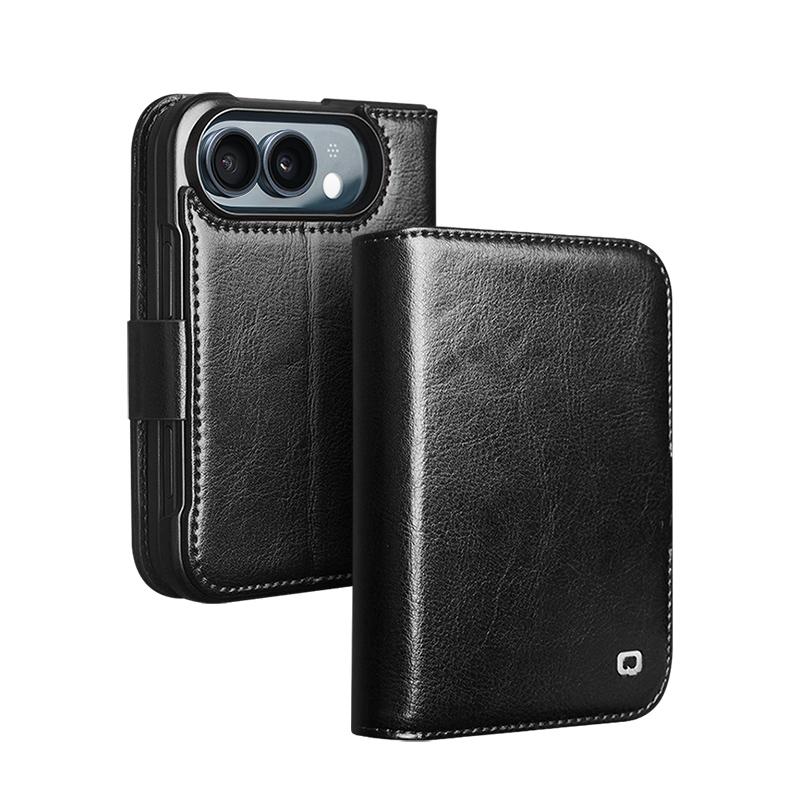Compatible with iPhone Duo QIALINO Classic 103 Buckle Genuine Leather Phone Case - Black