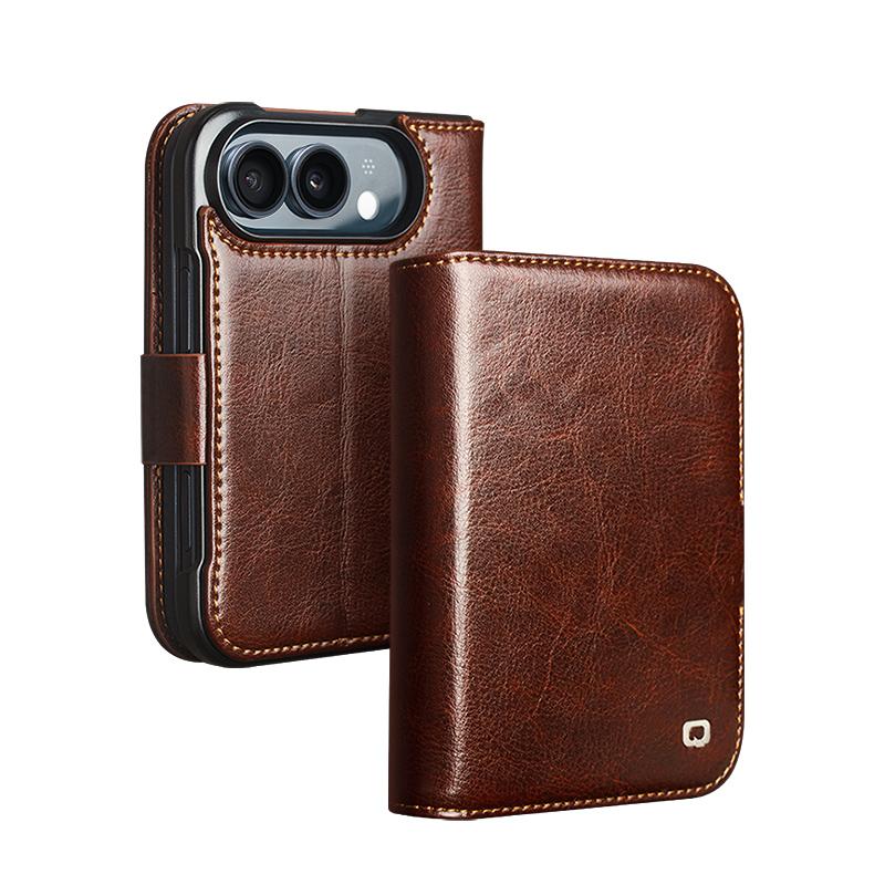 Compatible with iPhone Duo QIALINO Classic 103 Buckle Genuine Leather Phone Case - Brown