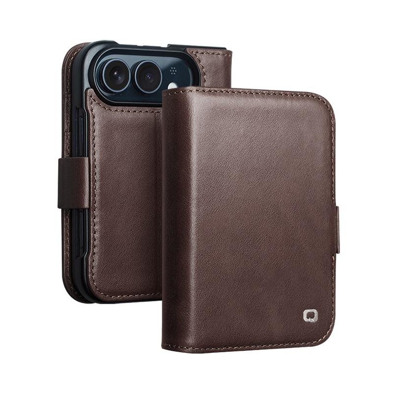 Compatible with iPhone Duo QIALINO Vintage Calfskin Genuine Leather Phone Case - Dark Brown
