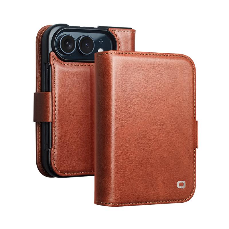 Compatible with iPhone Duo QIALINO Vintage Calfskin Genuine Leather Phone Case - Light Brown