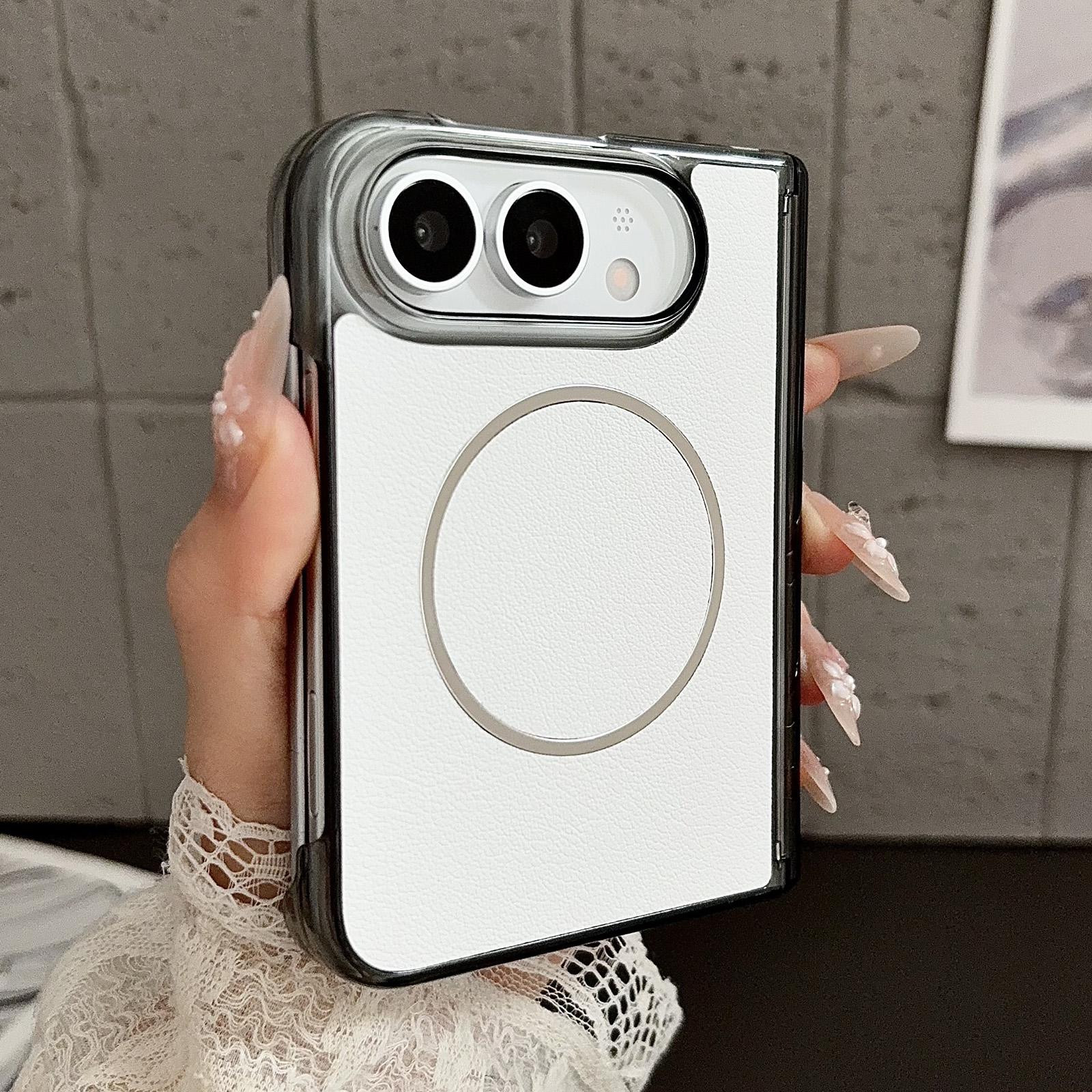 Compatible with iPhone Duo Folding Shaft Magsafe Plain Leather Phone Case - White