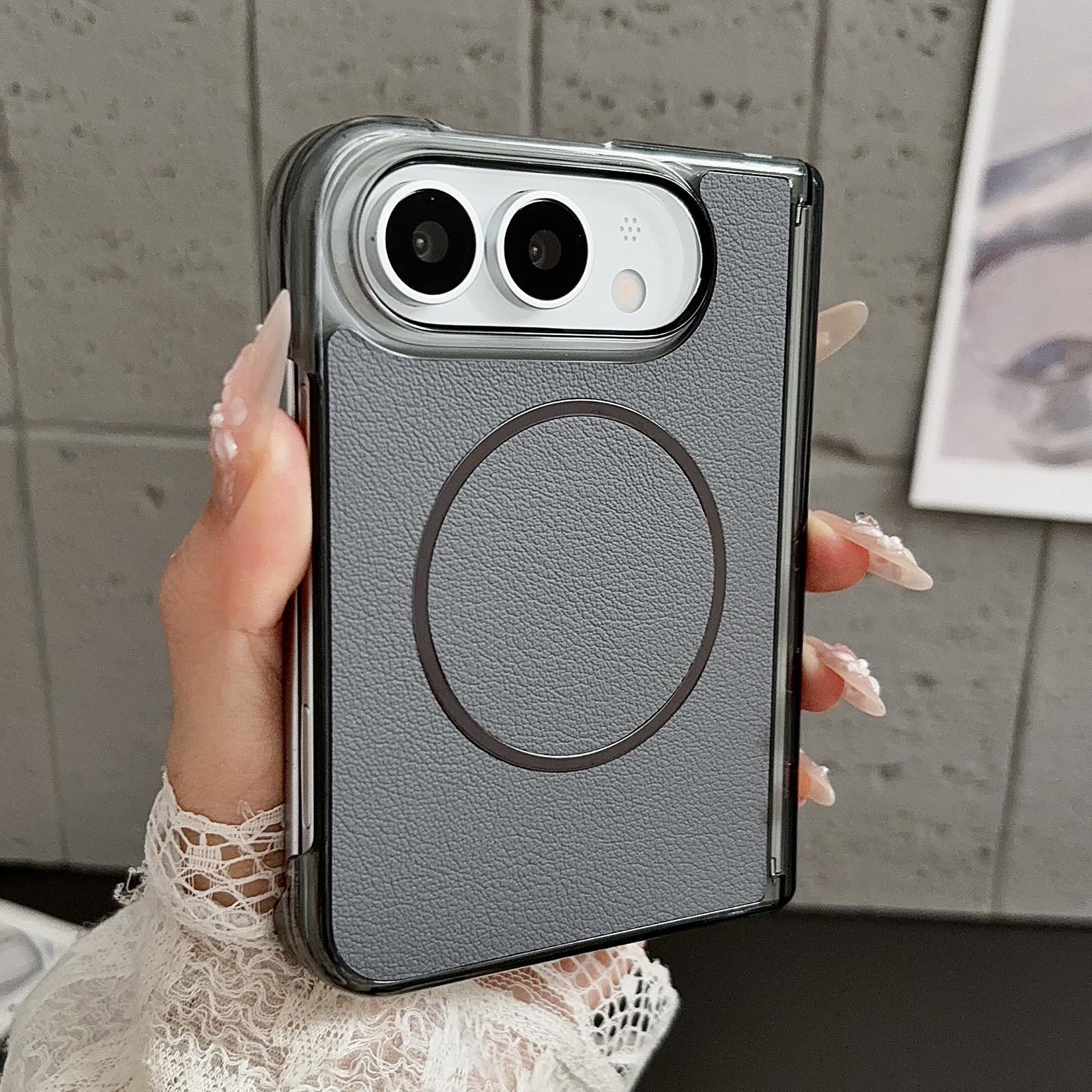 Compatible with iPhone Duo Folding Shaft Magsafe Plain Leather Phone Case - Grey