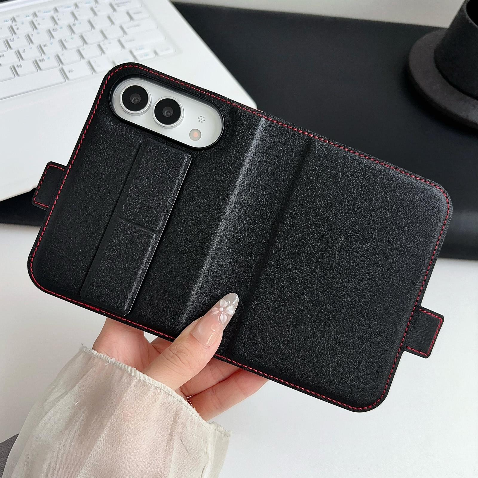 Compatible with iPhone Duo Litchi Texture Foldable Stand Phone Leather Case with Screen Protector - Black