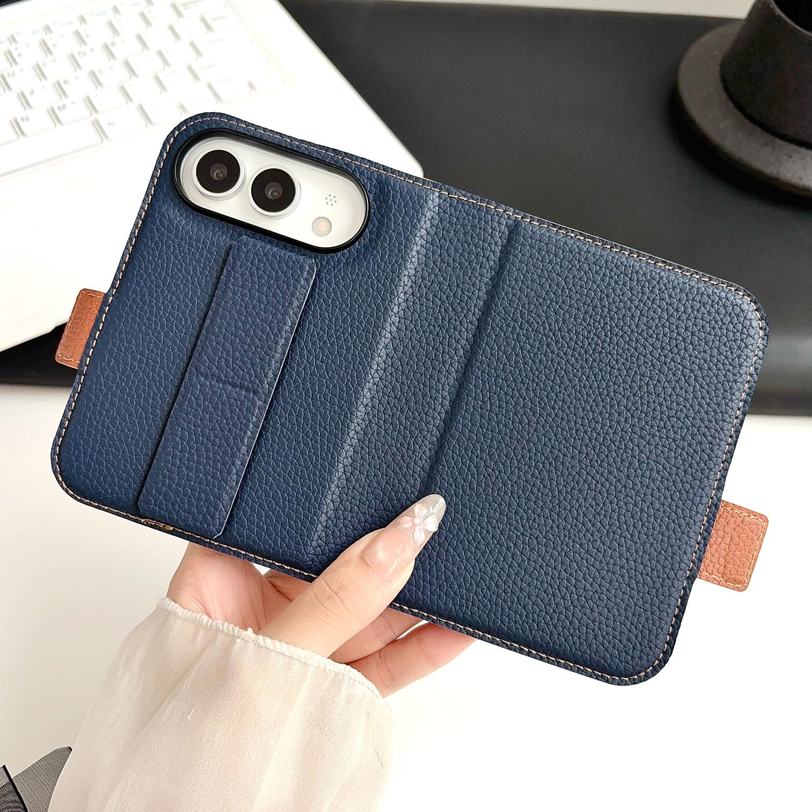Compatible with iPhone Duo Litchi Texture Foldable Stand Phone Leather Case with Screen Protector - Blue