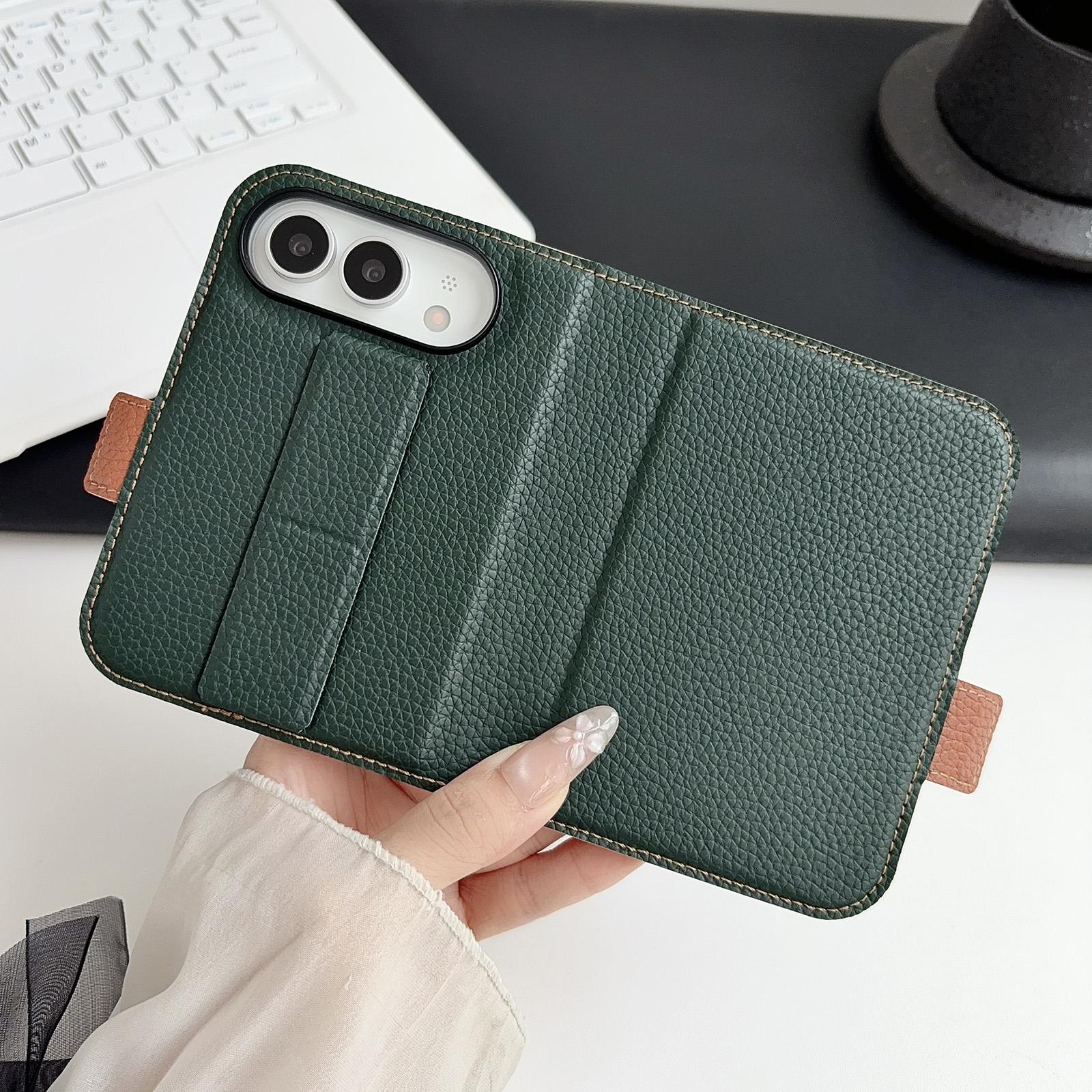 Compatible with iPhone Duo Litchi Texture Foldable Stand Phone Leather Case with Screen Protector - Green
