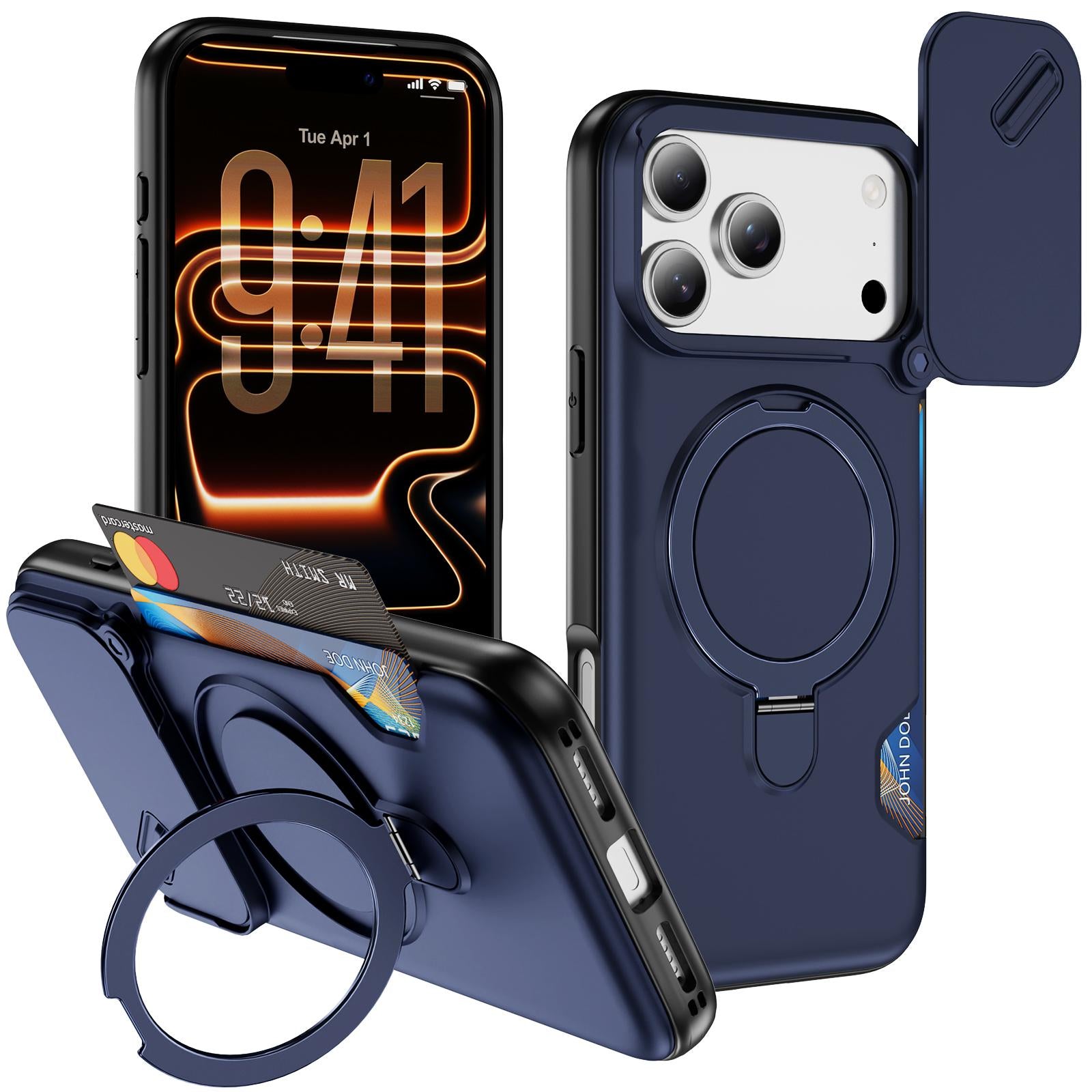 Compatible with iPhone 18 Pro Sliding Camshield Card Slot Magnetic Rotation Holder Phone Case - Royal Blue