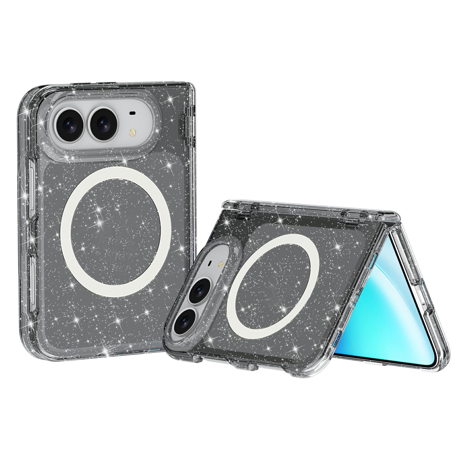 Compatible with iPhone Duo Terminator Style Glitter Powder MagSafe Magnetic Phone Case - Black