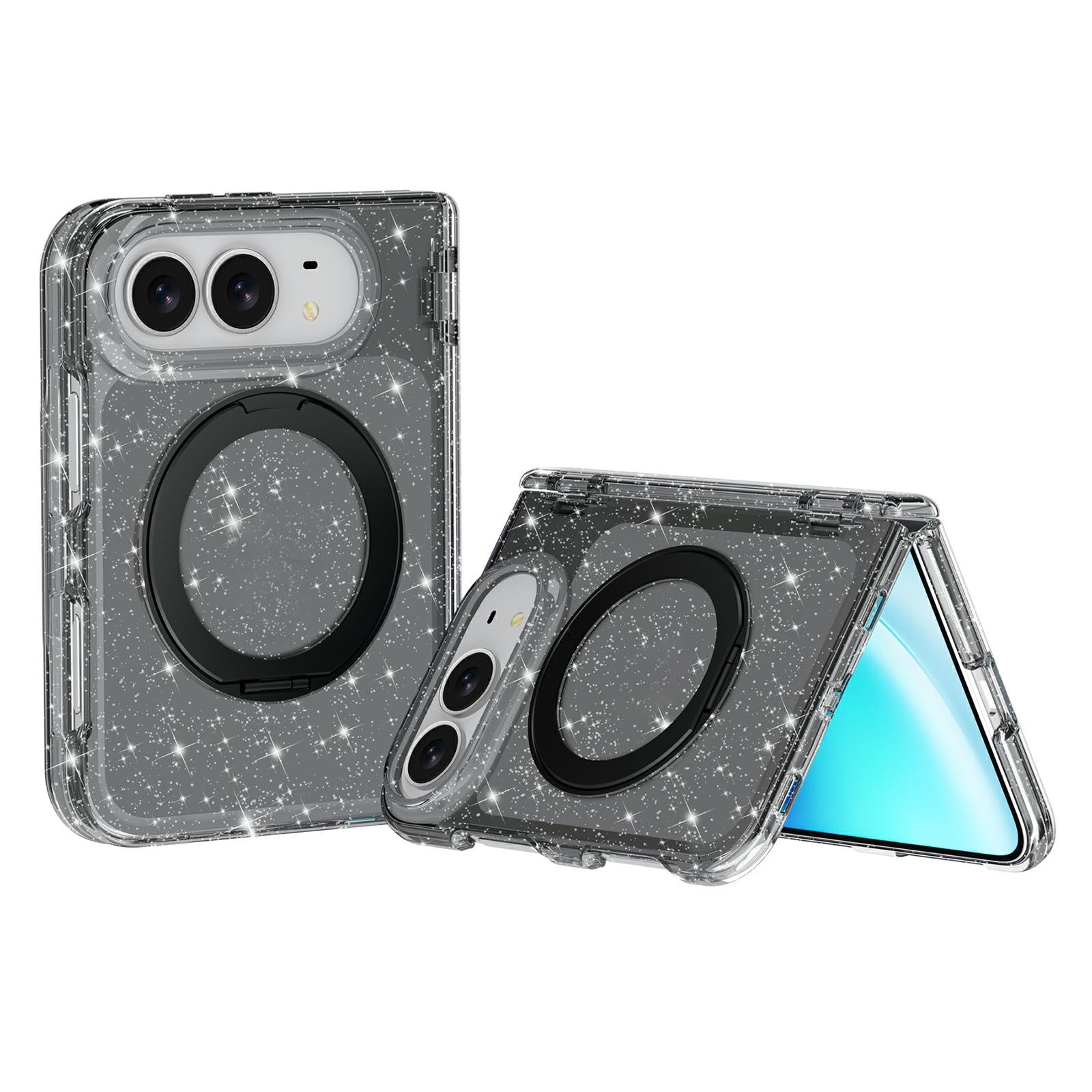 Compatible with iPhone Duo Terminator Style Glitter Powder Magnetic Holder Phone Case - Black