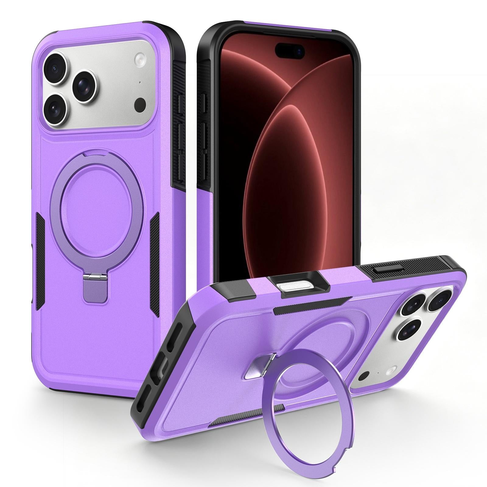 Compatible with iPhone 18 Pro Shockproof Protective TPU Dual-Layer PC Ring Holder Magnetic Phone Case - Purple