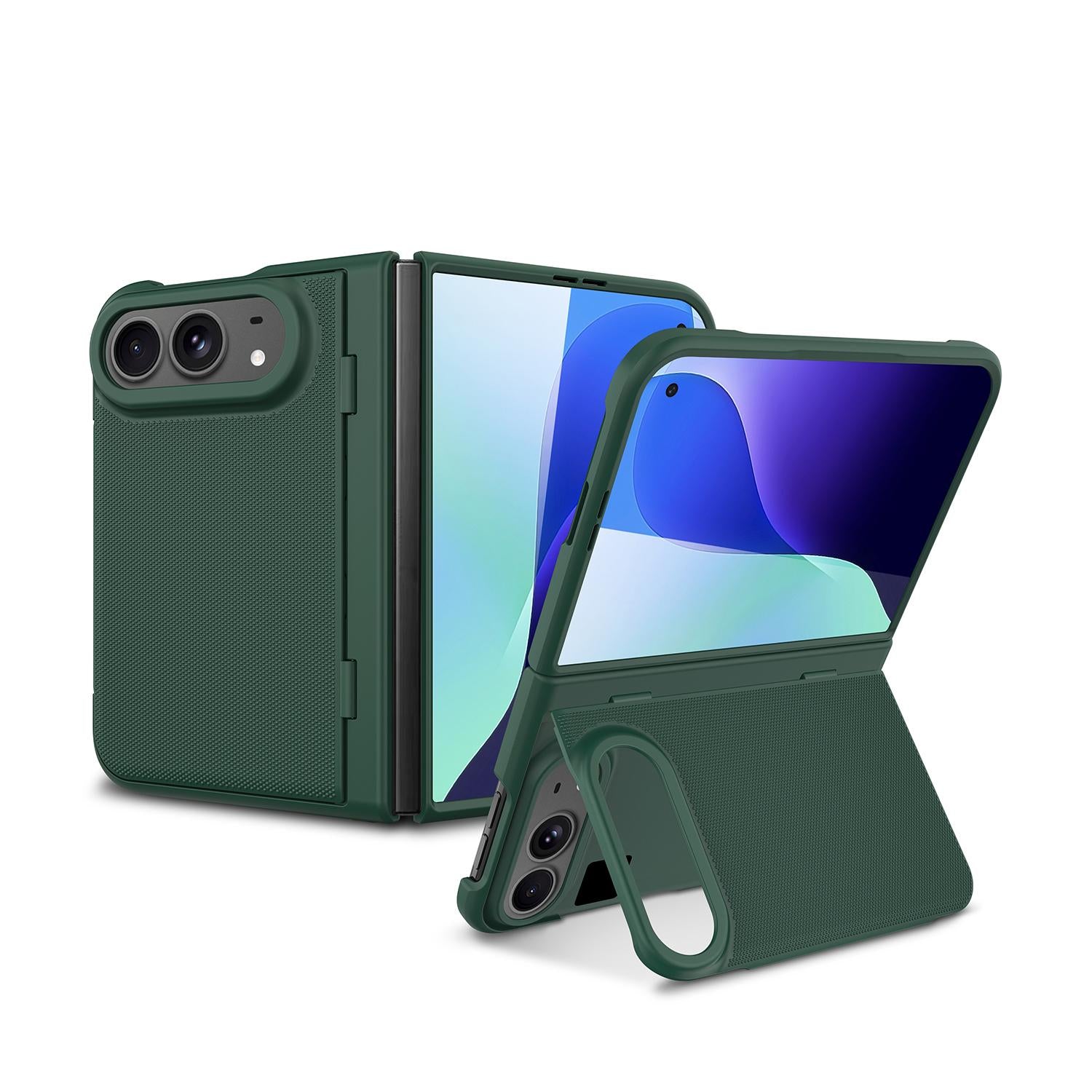 Compatible with iPhone Duo Integrated Flip Cover Holder Spray-Coated Finish Phone Case - Green