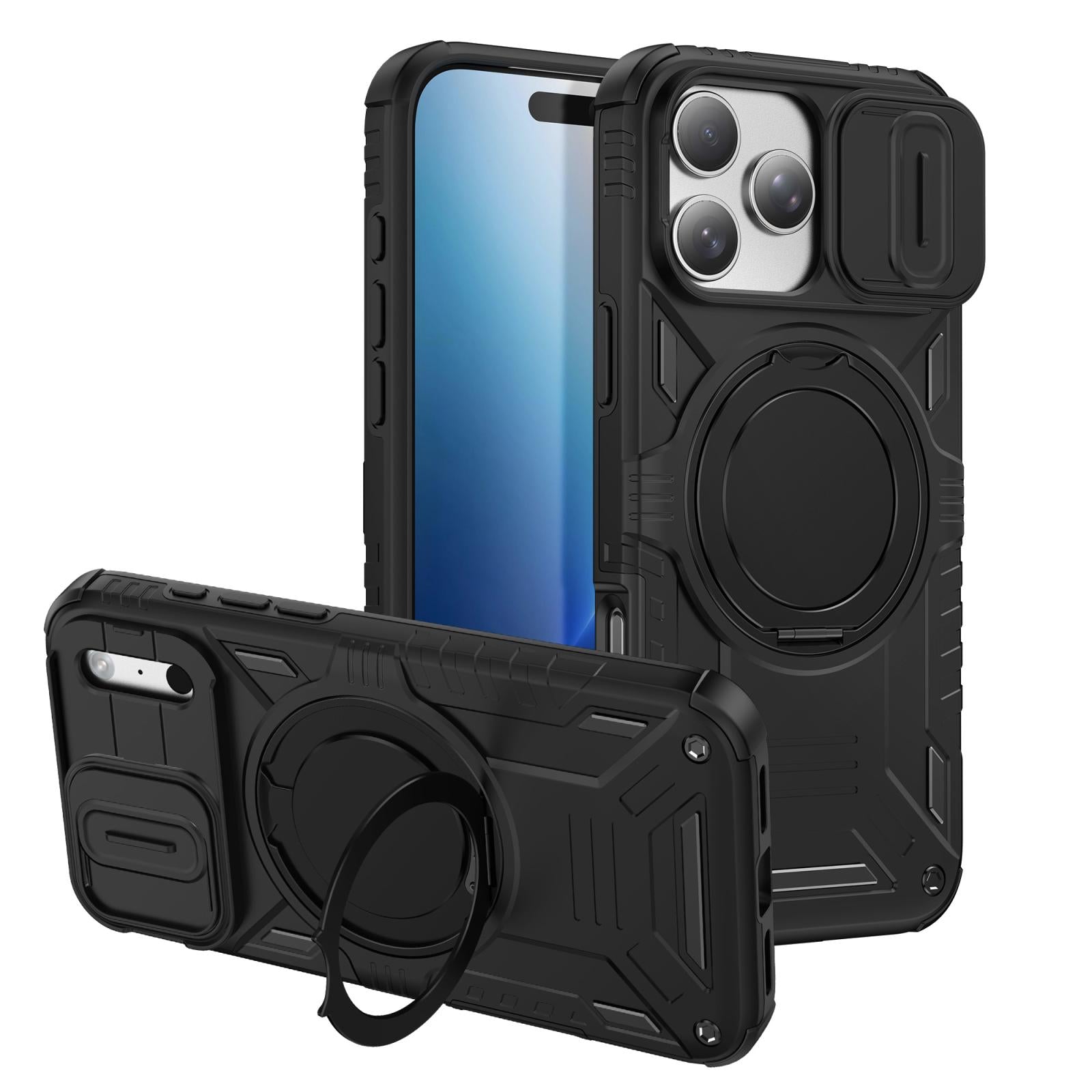 Compatible with iPhone 18 Pro Sliding Camshield Magnetic Rotation Holder Phone Case - Black